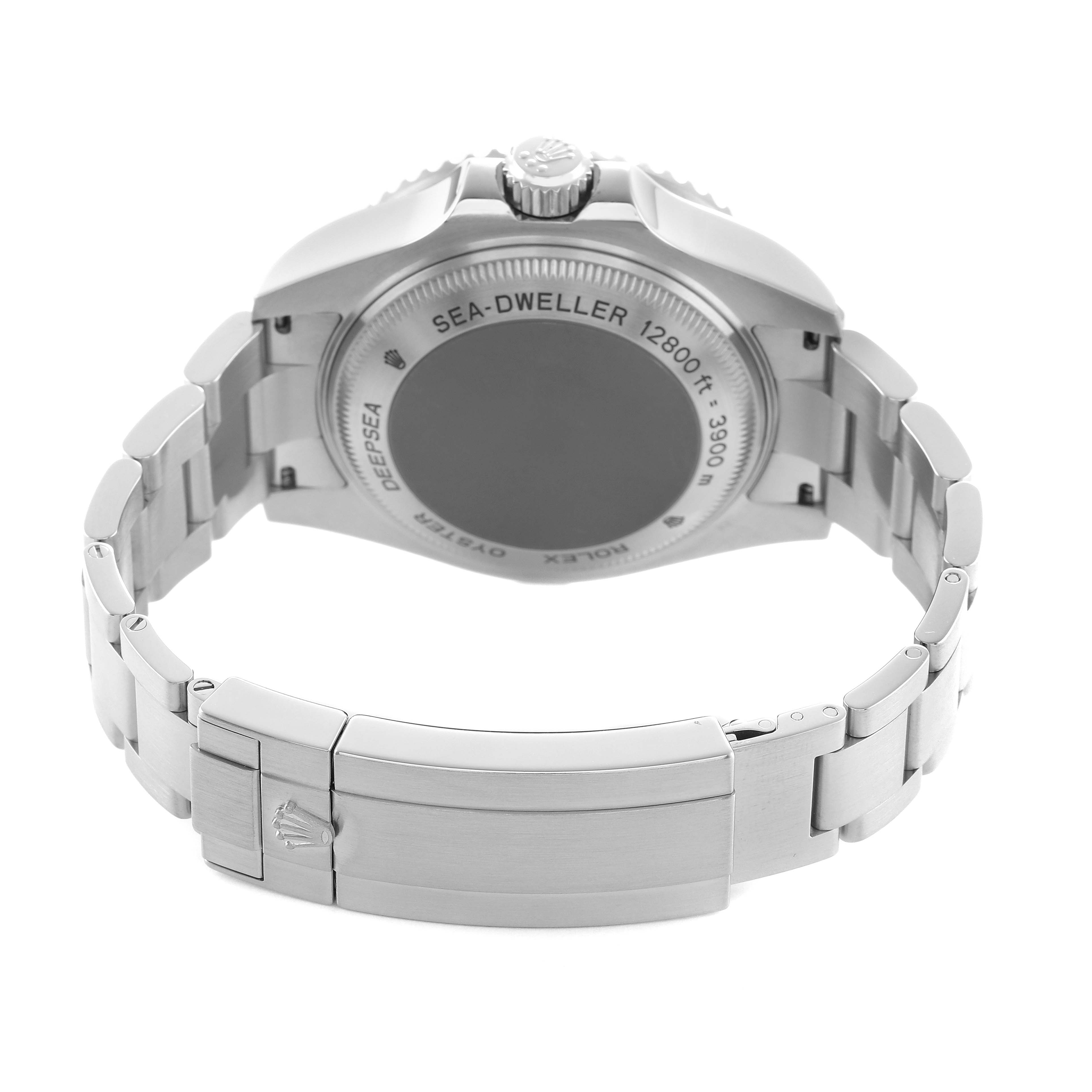 The image shows the back and bracelet of a Rolex Sea-Dweller watch, viewed from the rear angle.