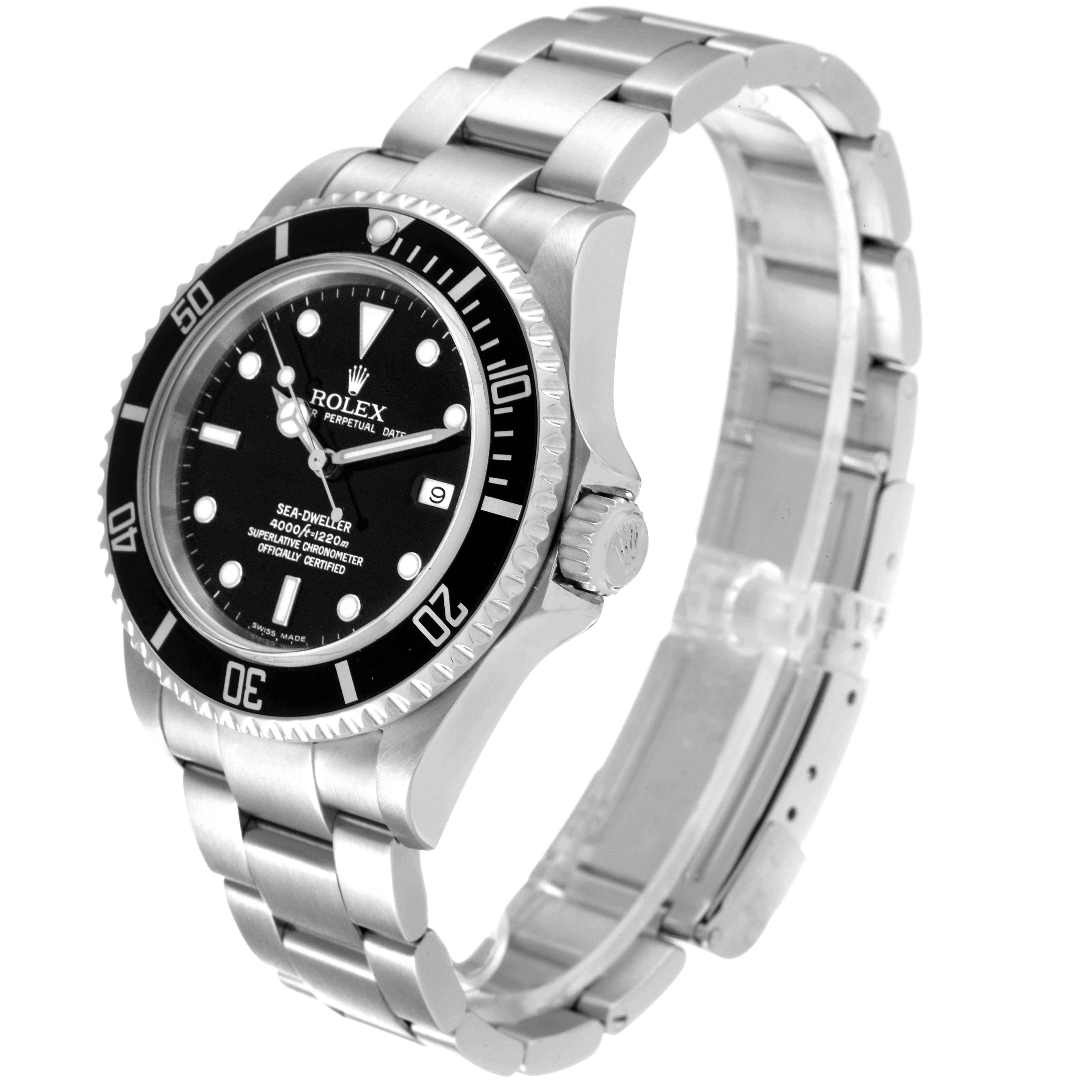 The Rolex Sea-Dweller 16600T Men's Stainless Steel Black Dial 16600T Men's Stainless Steel Black Dial model is shown at a three-quarter angle, displaying the face, bezel, crown, and part of the bracelet.