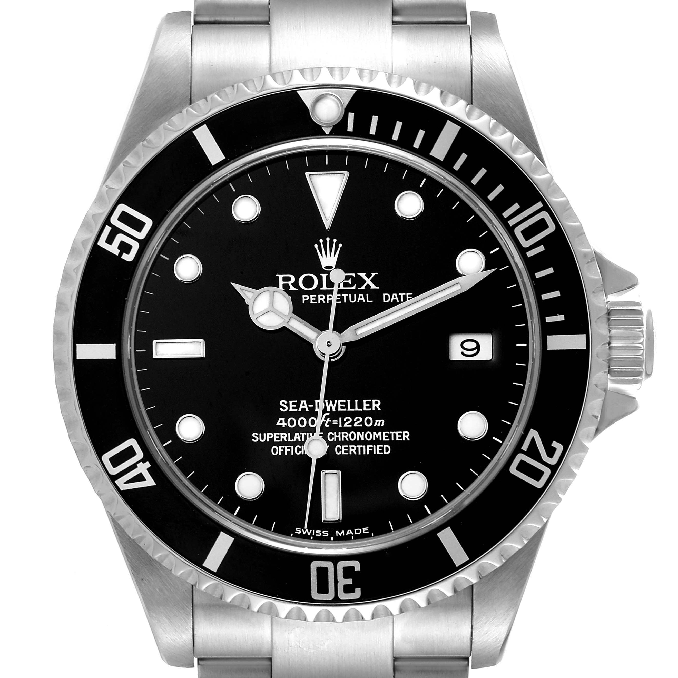 The image shows a frontal view of the Rolex Sea-Dweller 16600T Men's Stainless Steel Black Dial 16600T Men's Stainless Steel Black Dial watch, highlighting its dial, bezel, and part of the bracelet.