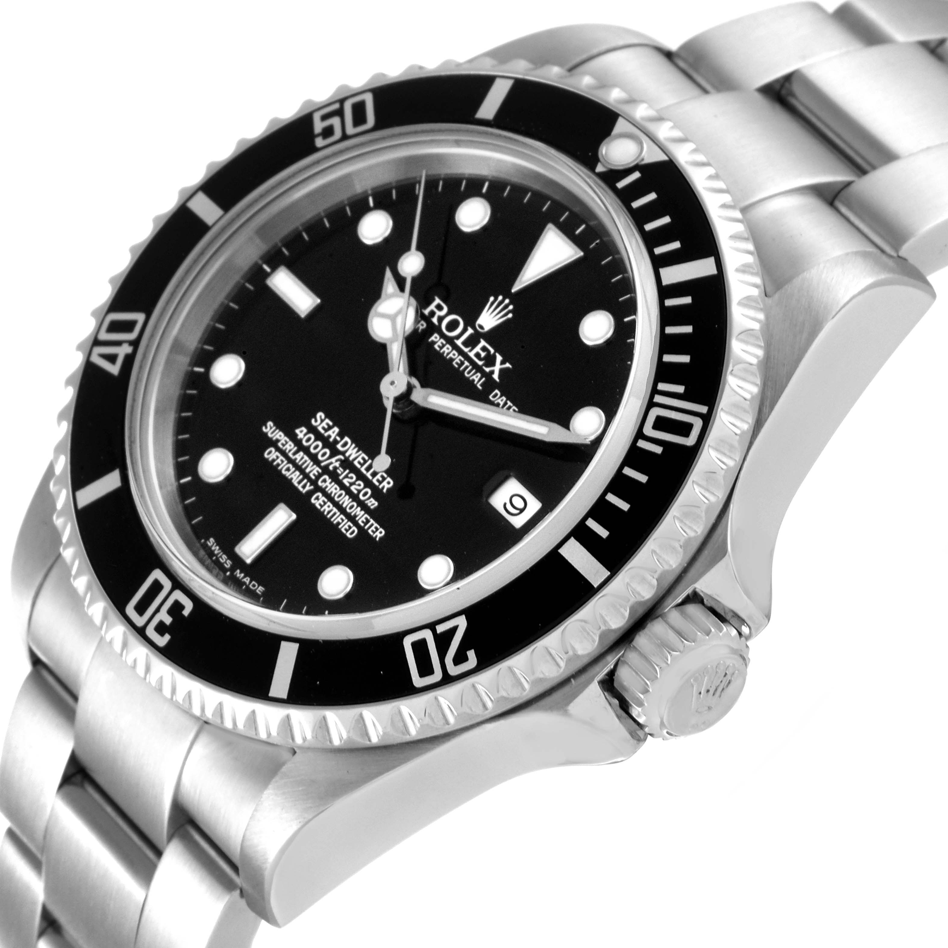 The image shows a tilted side angle of the Rolex Sea-Dweller 16600T Men's Stainless Steel Black Dial 16600T Men's Stainless Steel Black Dial, highlighting the black dial, bezel, crown, and part of the bracelet.
