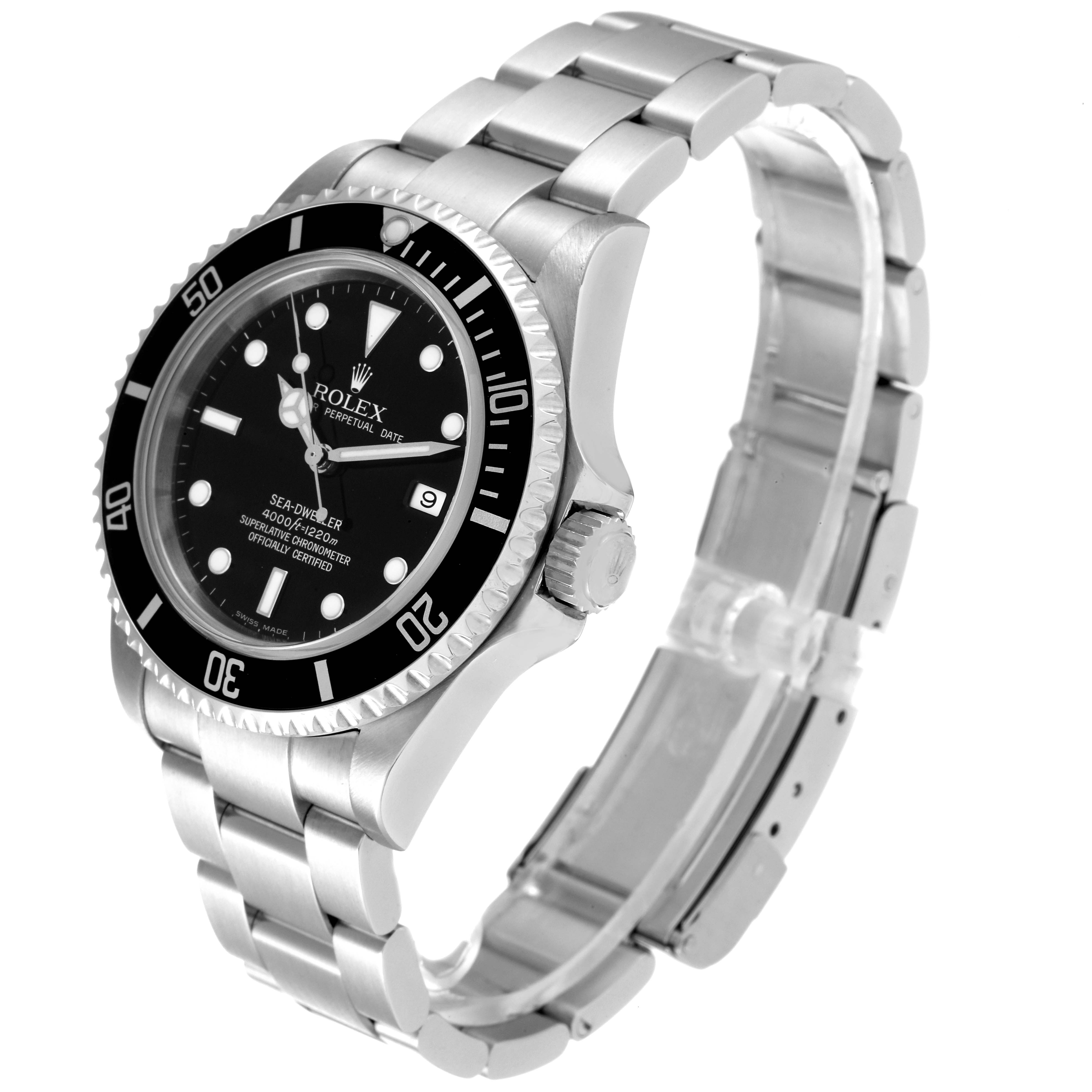 The Rolex Sea-Dweller 16600T Men's Stainless Steel Black Dial 16600T Men's Stainless Steel Black Dial watch is shown at a three-quarter angle, highlighting the face, bezel, and metal bracelet.
