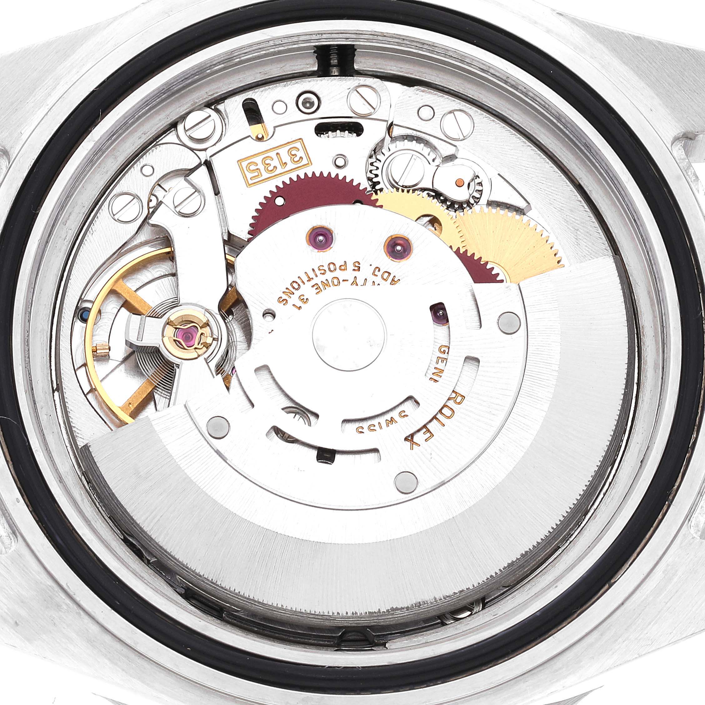 This image shows a close-up of the movement and internal components of a Rolex Sea-Dweller 16600T Men's Stainless Steel Black Dial 16600T Men's Stainless Steel Black Dial watch.