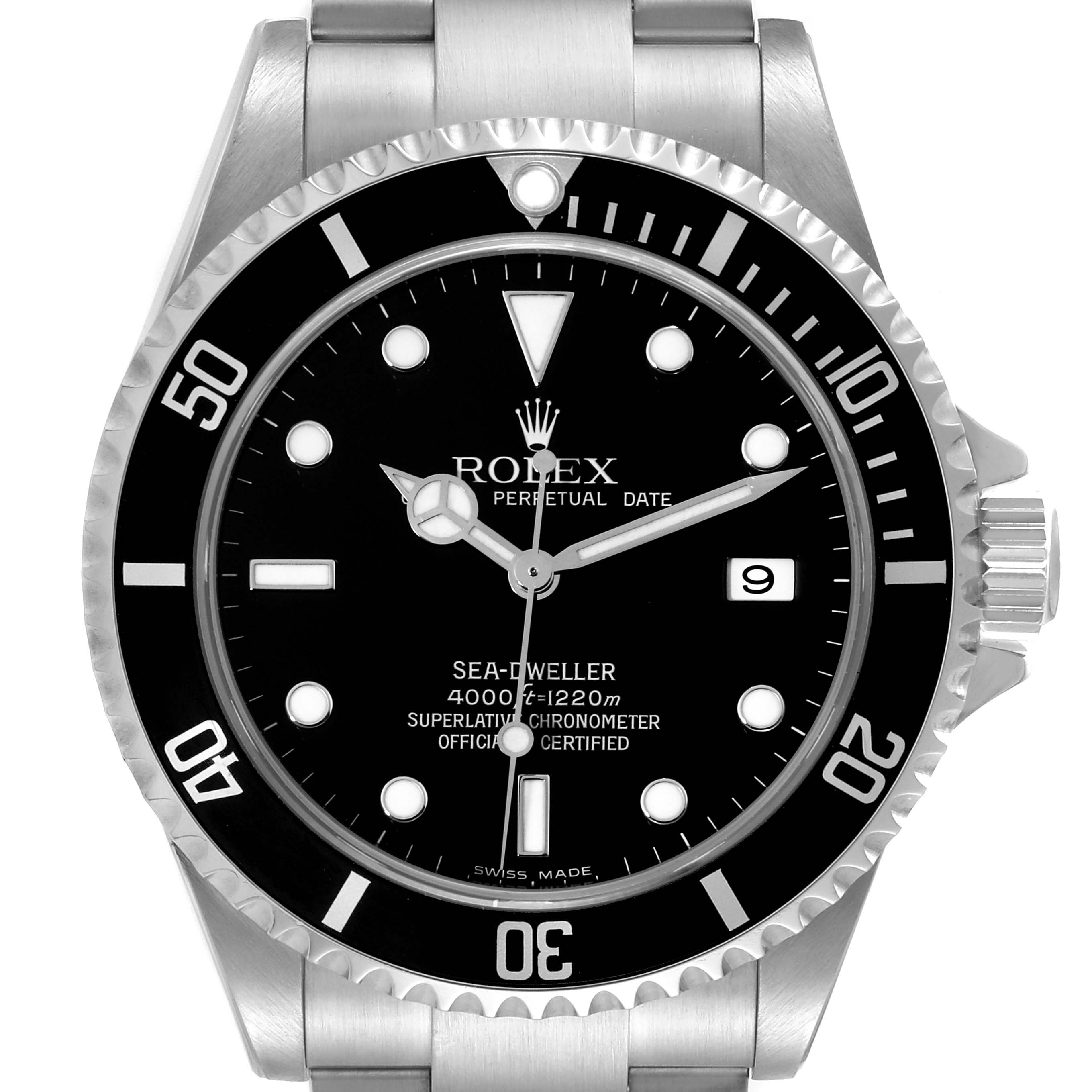 This is a front view of a Rolex Sea-Dweller 16600T Men's Stainless Steel Black Dial 16600T Men's Stainless Steel Black Dial watch, showcasing its dial, bezel, and part of the bracelet.
