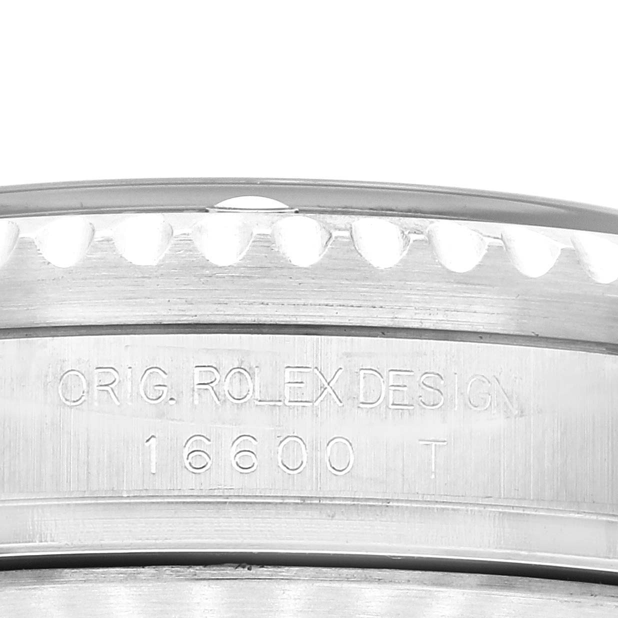 Close-up of the side profile of a Rolex Sea-Dweller 16600T Men's Stainless Steel Black Dial 16600T Men's Stainless Steel Black Dial, showing the engraved design number "16600".