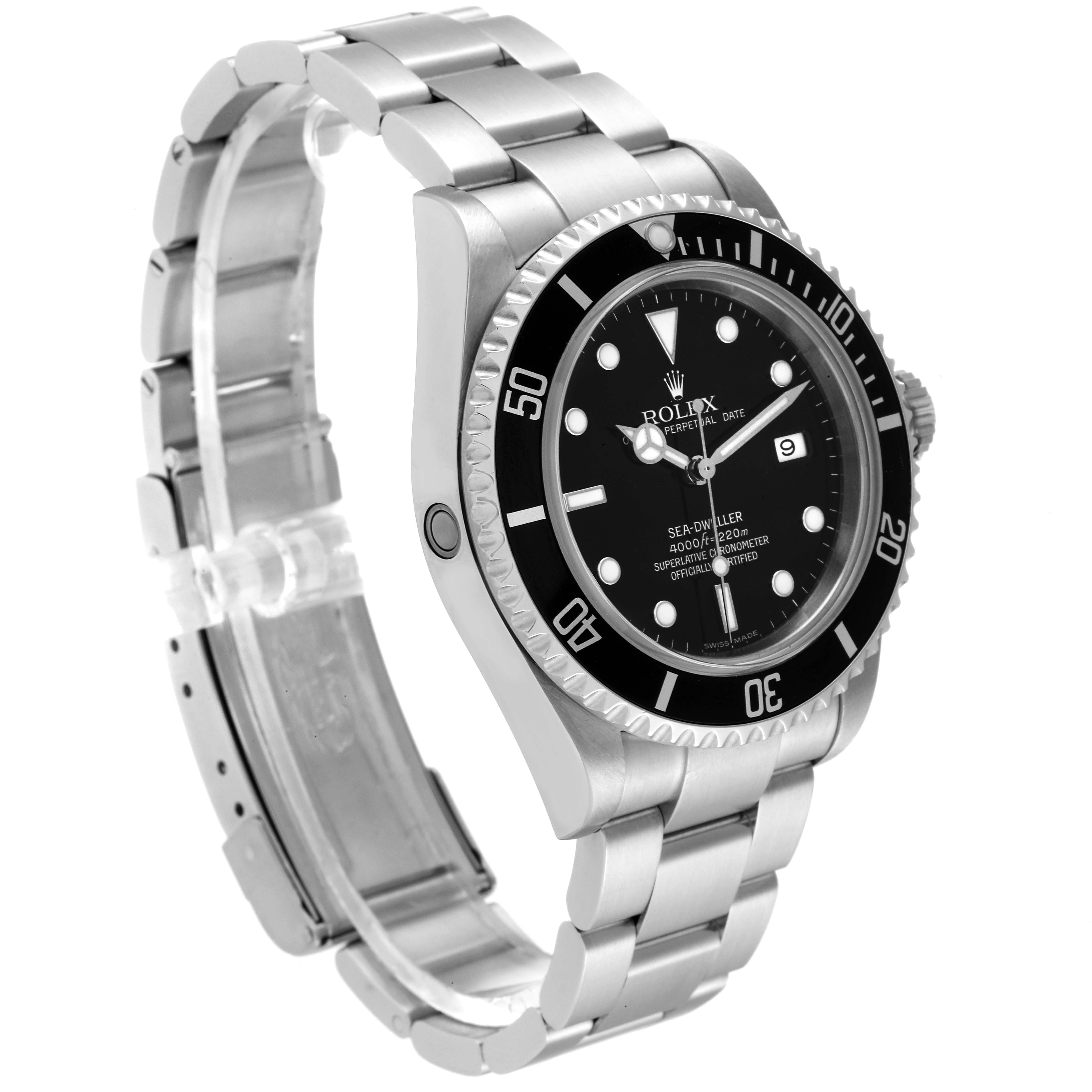 The Rolex Sea-Dweller 16600T Men's Stainless Steel Black Dial 16600T Men's Stainless Steel Black Dial watch is shown at an oblique angle, displaying its dial, bezel, and bracelet.