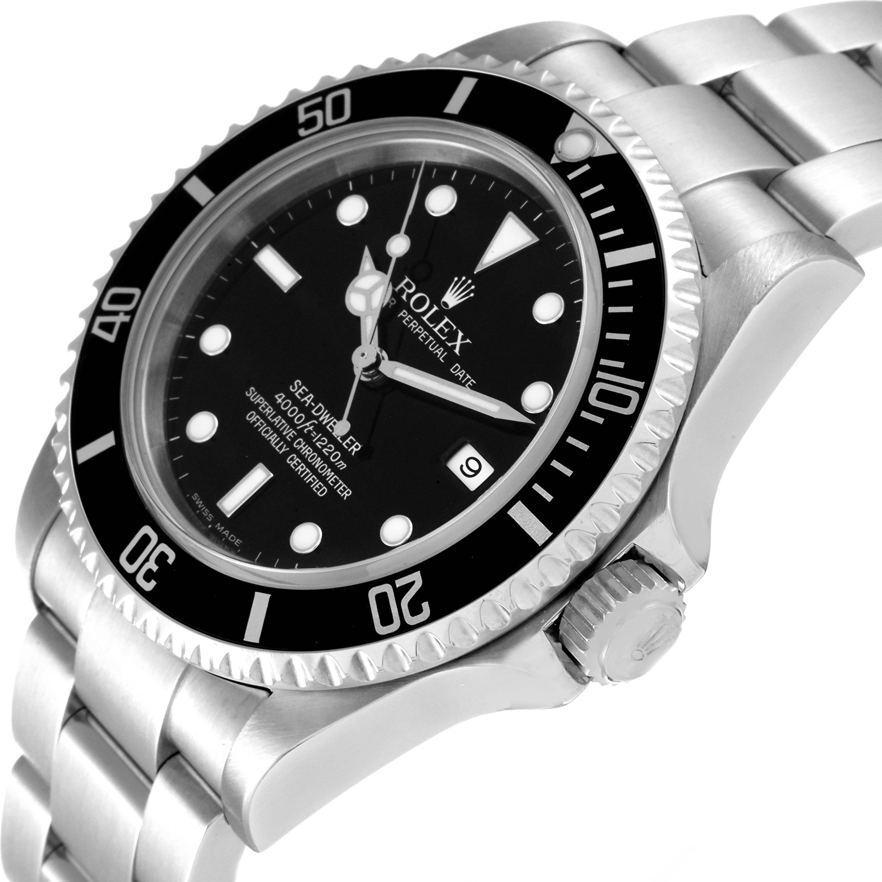 The image shows a side angle of the Rolex Sea-Dweller 16600T Men's Stainless Steel Black Dial 16600T Men's Stainless Steel Black Dial watch, highlighting the bezel, dial, and part of the bracelet.