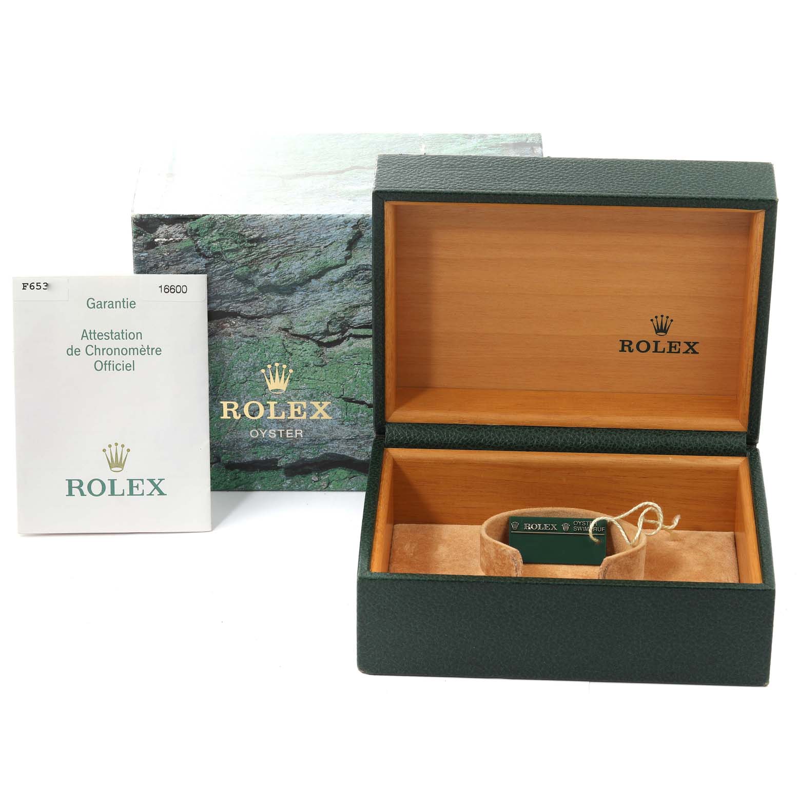 The image shows the open green box and warranty card for a Rolex Sea-Dweller 16600T Men's Stainless Steel Black Dial 16600T Men's Stainless Steel Black Dial watch, with the box lid open to reveal the interior.