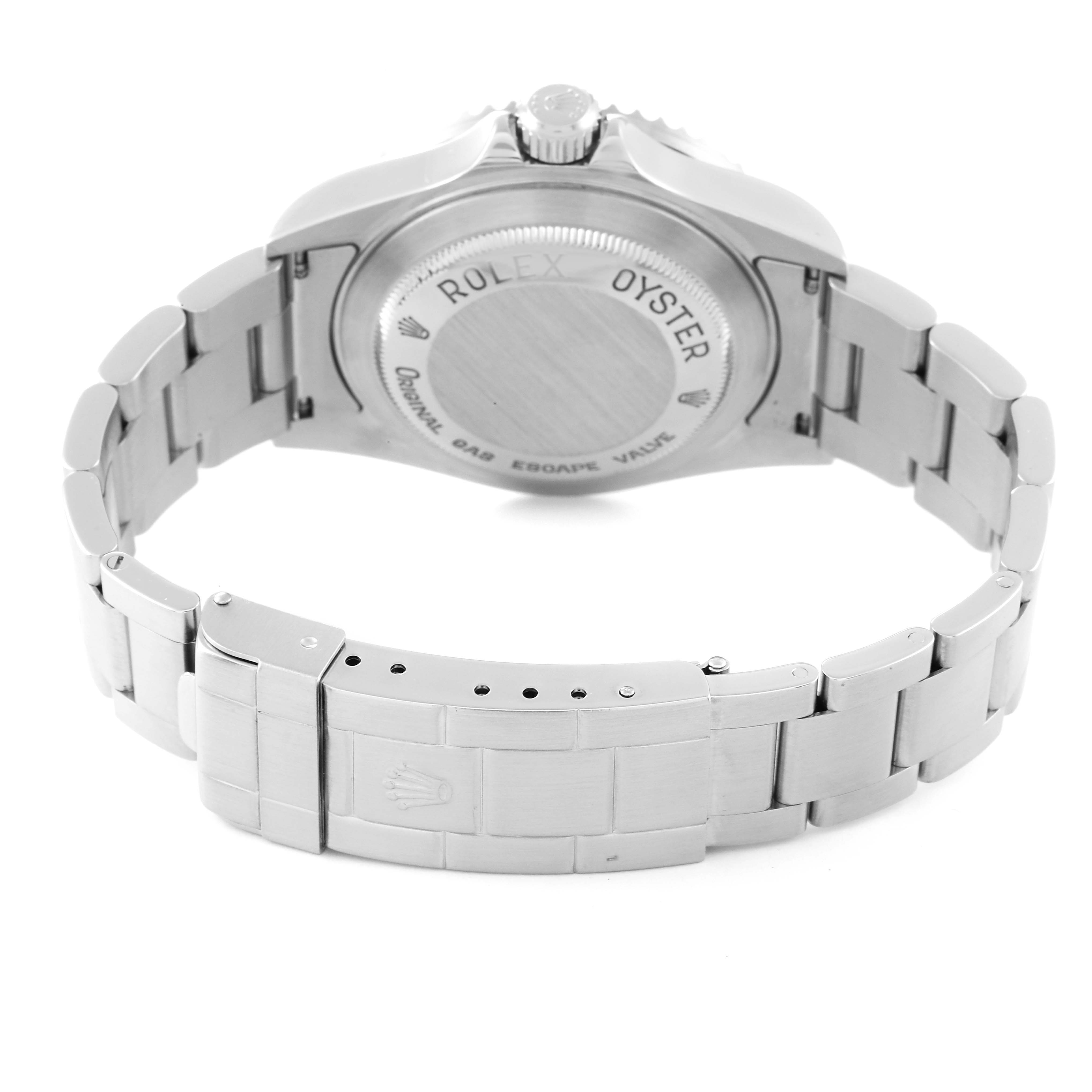 This image shows the back case and metal bracelet of a Rolex Sea-Dweller 16600T Men's Stainless Steel Black Dial 16600T Men's Stainless Steel Black Dial watch from a rear angle.