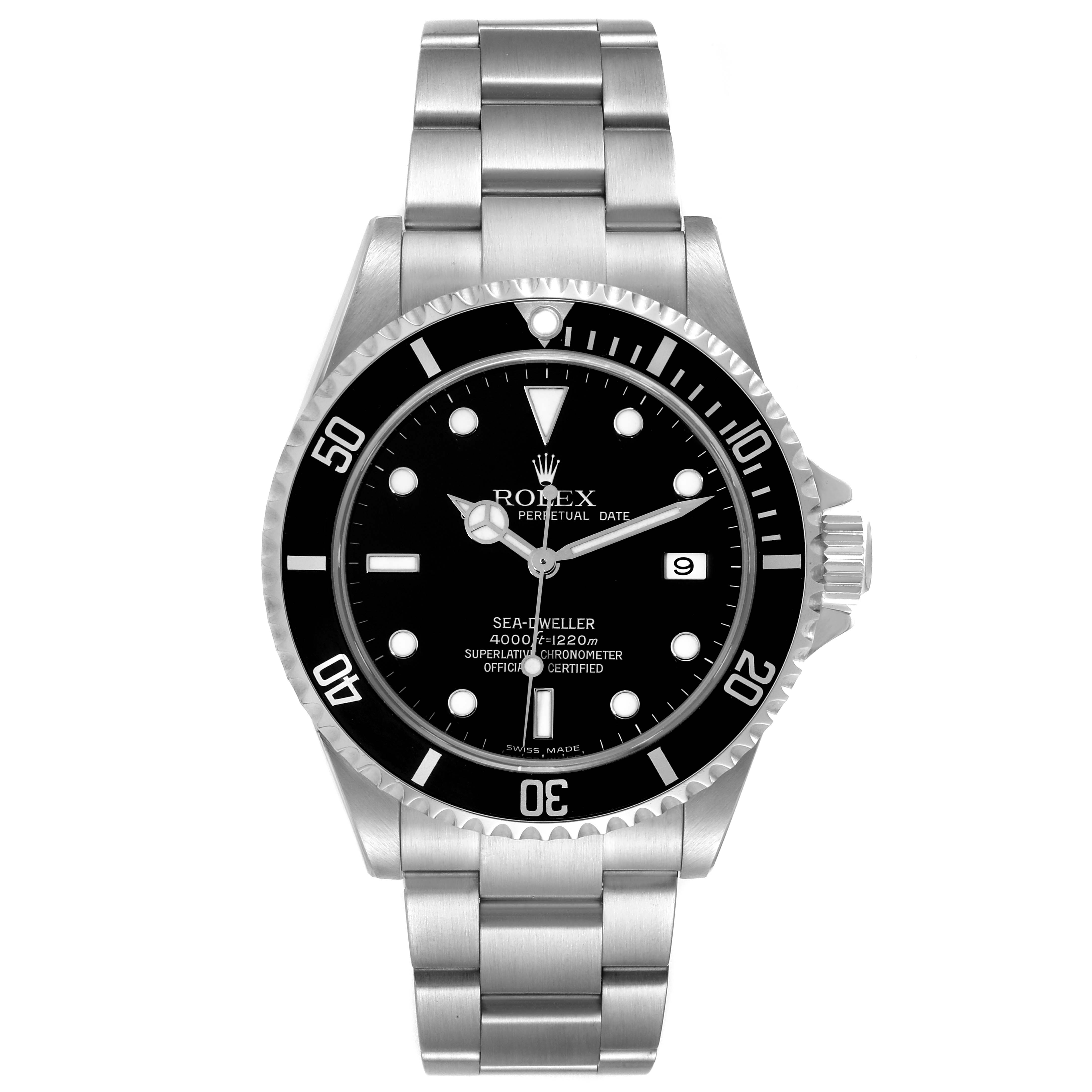 The image shows a front view of the Rolex Sea-Dweller 16600T Men's Stainless Steel Black Dial 16600T Men's Stainless Steel Black Dial watch, highlighting the dial, bezel, hands, bracelet, and date window.
