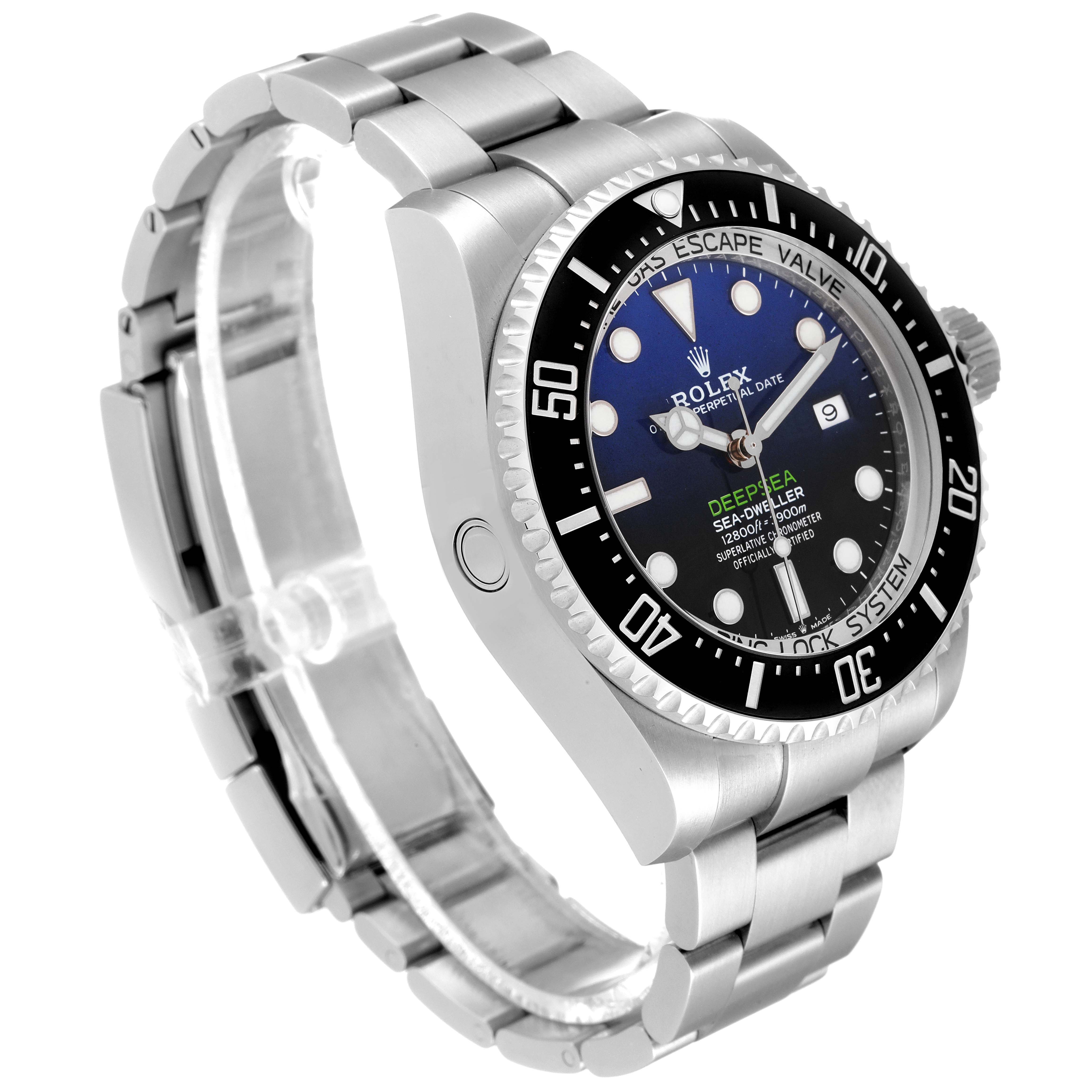 The image shows a side and front angle of the Rolex Sea-Dweller 126660 Men
s Stainless Steel Blue Dial 126660 Men
s Stainless Steel Blue Dial watch, highlighting the dial, bezel, and bracelet.
