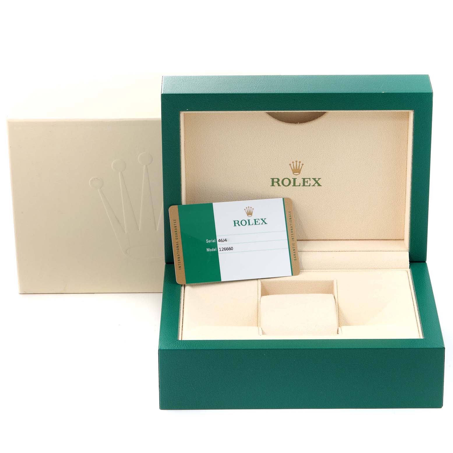 This image shows the open packaging and Best Quality
ity card of a Rolex Sea-Dweller 126660 Men
s Stainless Steel Blue Dial 126660 Men
s Stainless Steel Blue Dial model 126600 watch from a front angle.