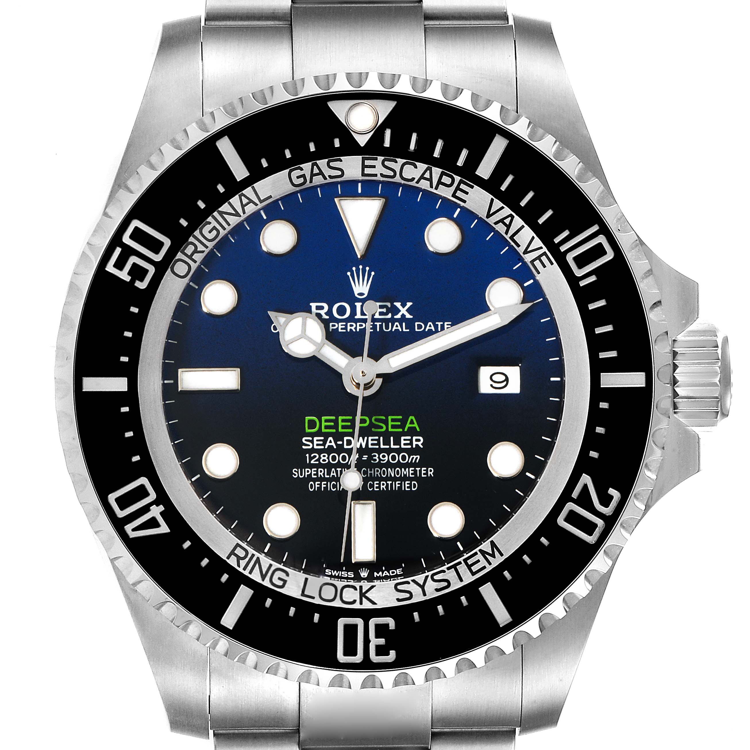 The image shows the Rolex Sea-Dweller 126660 Men
s Stainless Steel Blue Dial 126660 Men
s Stainless Steel Blue Dial Deepsea watch head-on, highlighting the dial, bezel, and part of the bracelet.