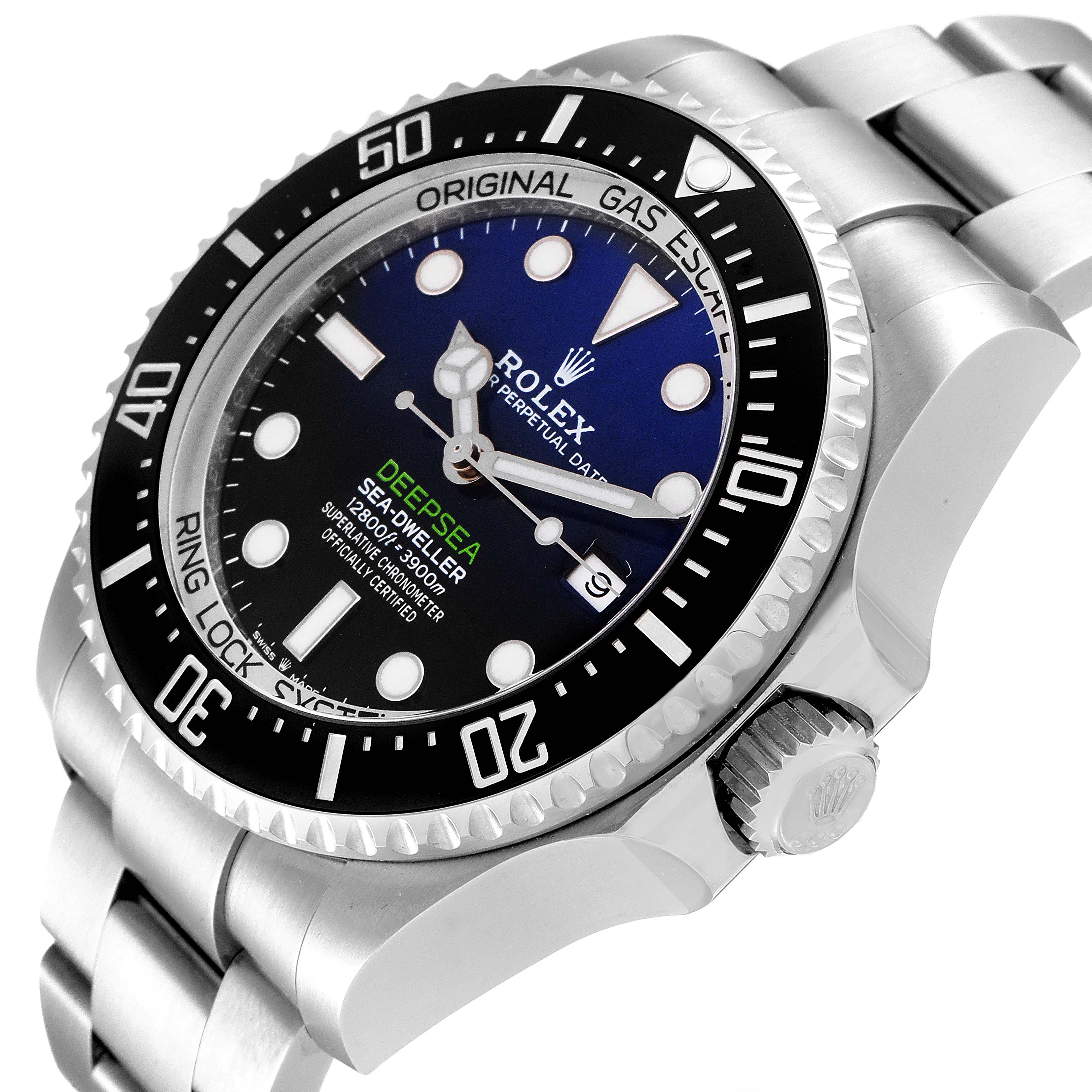The image shows a Rolex Sea-Dweller 126660 Men
s Stainless Steel Blue Dial 126660 Men
s Stainless Steel Blue Dial watch angled from the top-right, highlighting its dial, bezel, and crown.