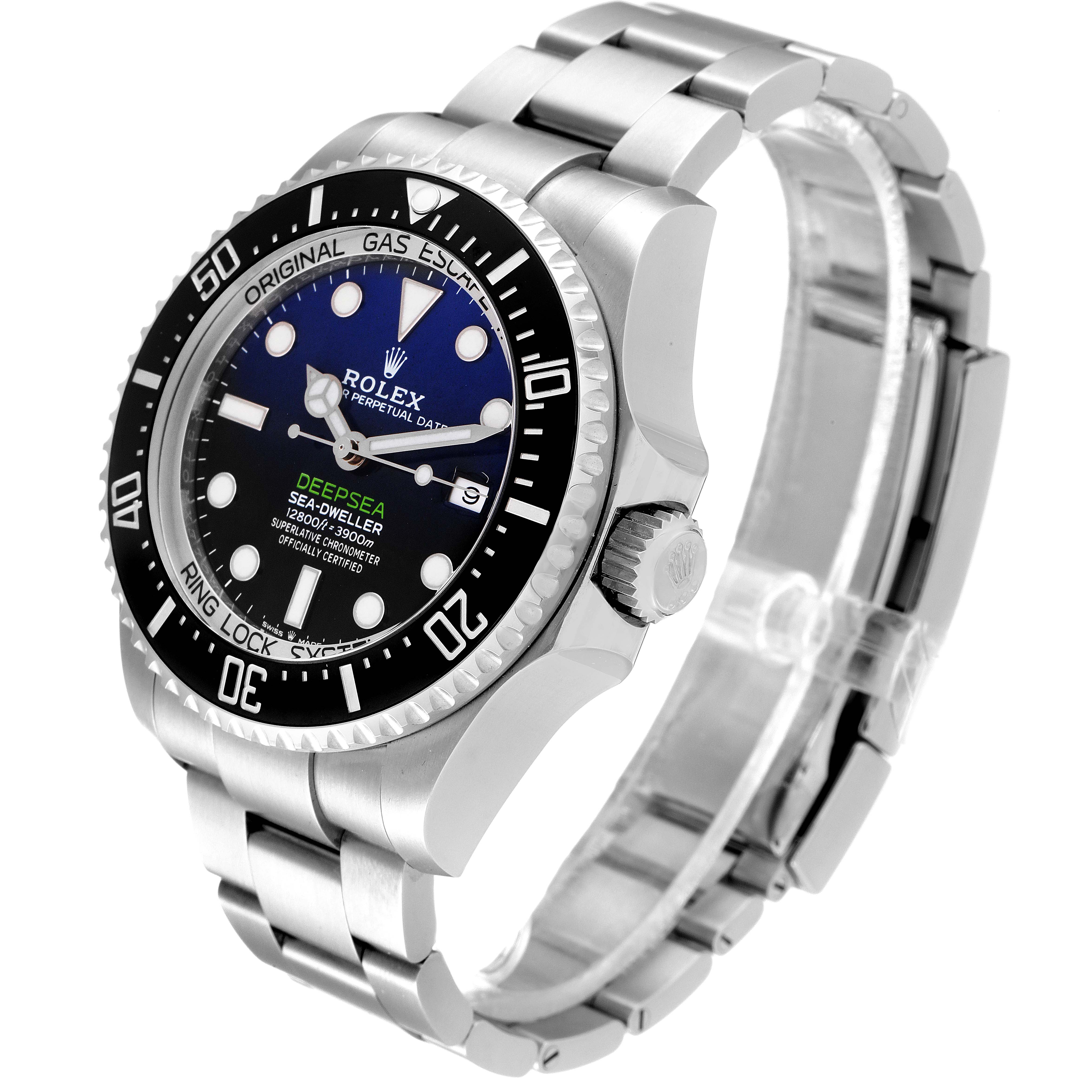 The image shows a Rolex Sea-Dweller 126660 Men
s Stainless Steel Blue Dial 126660 Men
s Stainless Steel Blue Dial watch at an angle that highlights the face, bezel, crown, and part of the bracelet.