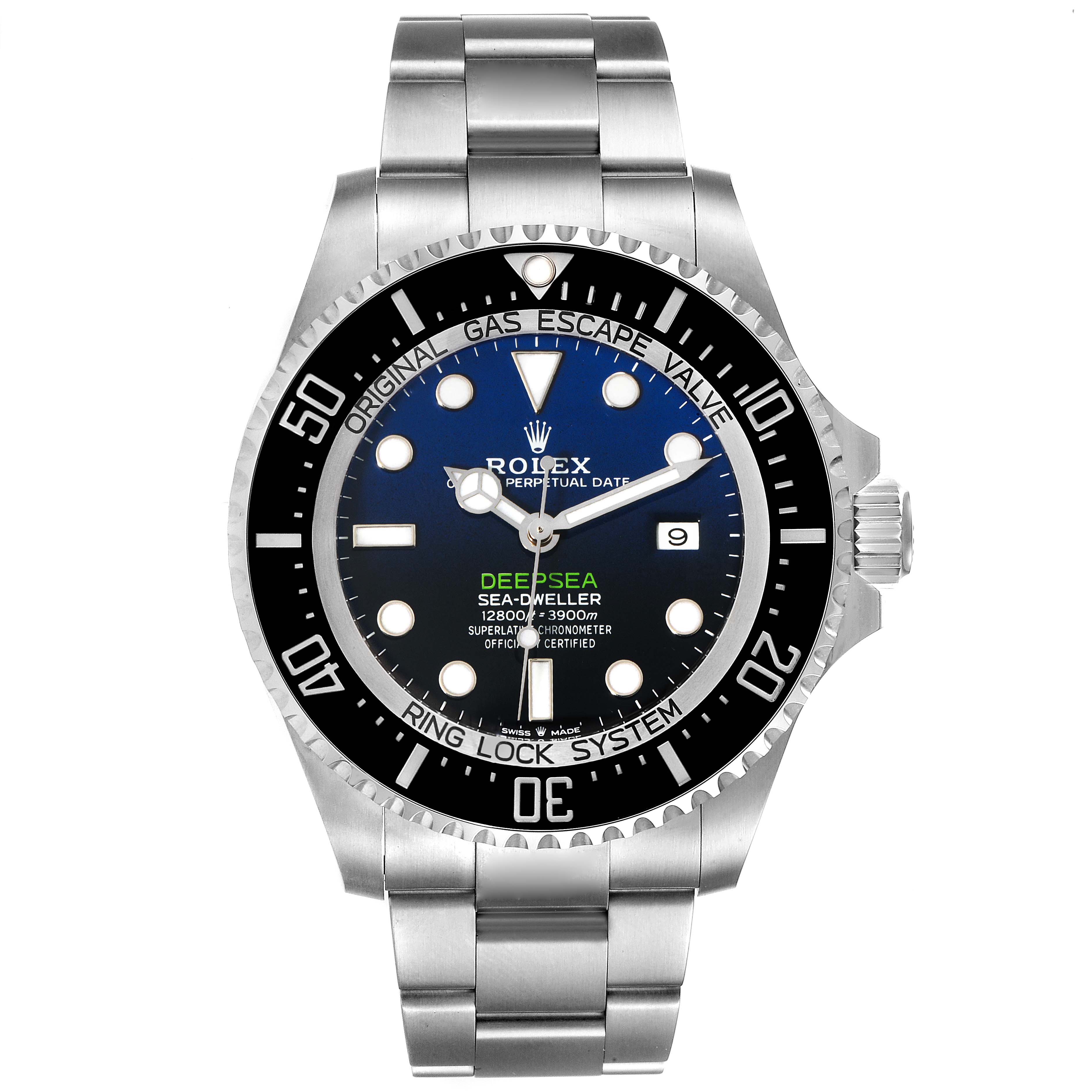 This image shows a front view of the Rolex Sea-Dweller 126660 Men
s Stainless Steel Blue Dial 126660 Men
s Stainless Steel Blue Dial Deepsea watch, highlighting the dial, bezel, and bracelet.