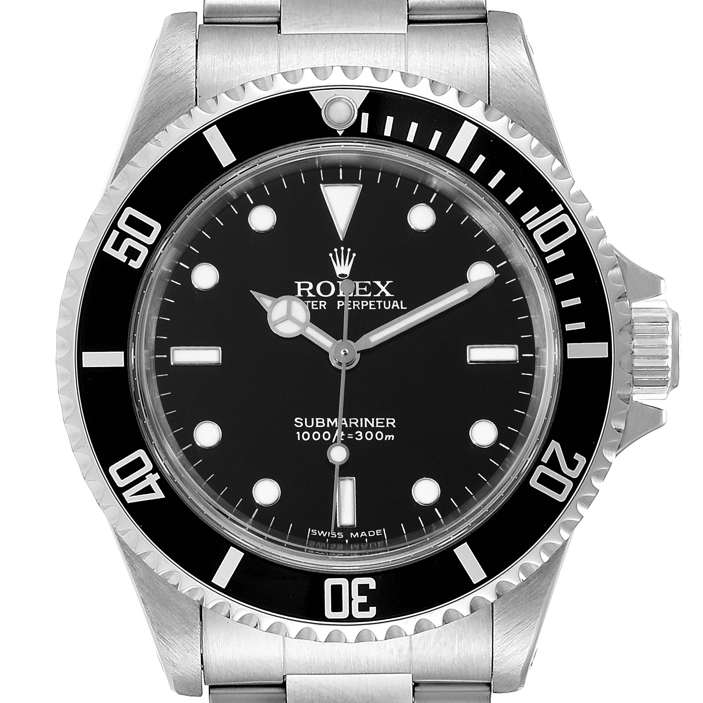 The image shows a front view of a Rolex Submariner 14060 Men
s Stainless Steel Black Dial 14060 Men
s Stainless Steel Black Dial watch, highlighting the dial, hands, bezel, and crown.
