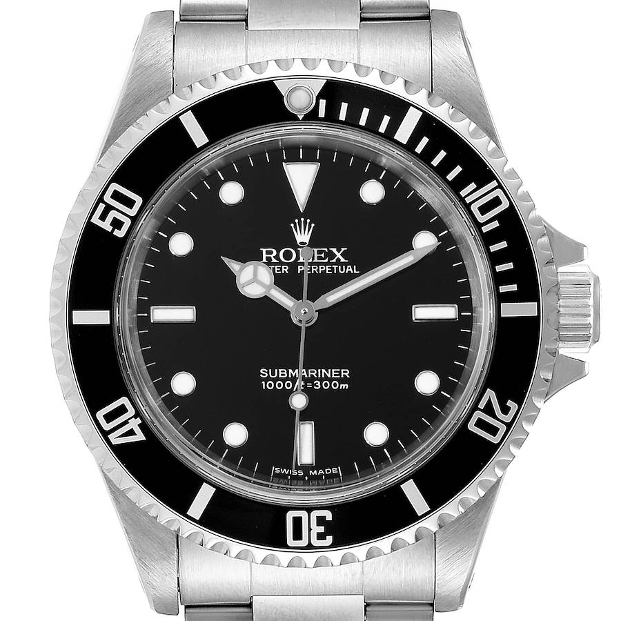 The image shows a front view of a Rolex Submariner watch, highlighting the dial, hands, bezel, and crown.