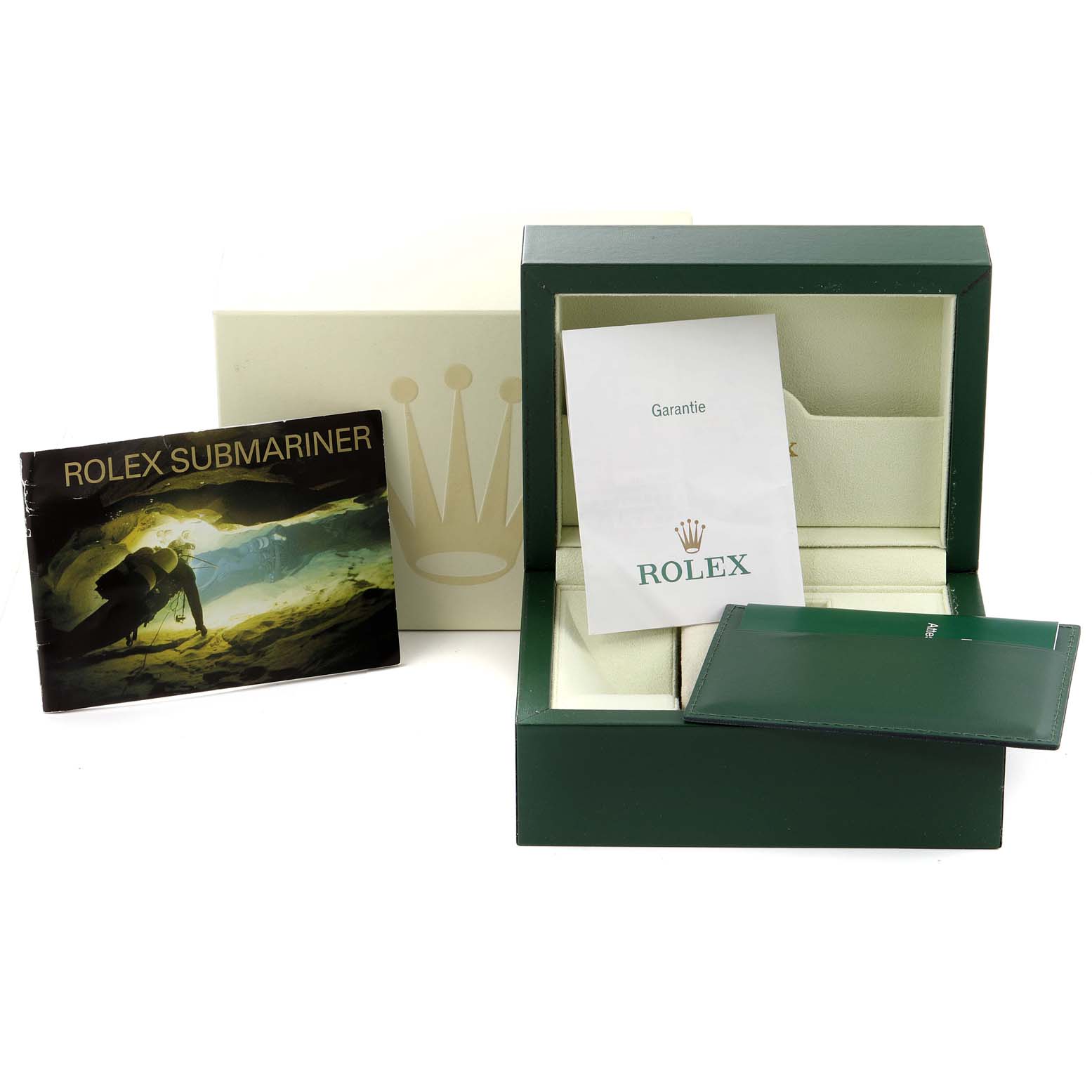 The image shows a Rolex Submariner 14060 Men
s Stainless Steel Black Dial 14060 Men
s Stainless Steel Black Dial box, manual, warranty card holder, and guarantee booklet, all displayed from a front angle.