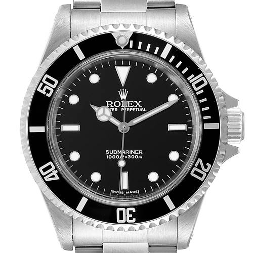 The image shows a front view of a Rolex Submariner watch, highlighting the bezel, dial, and crown.