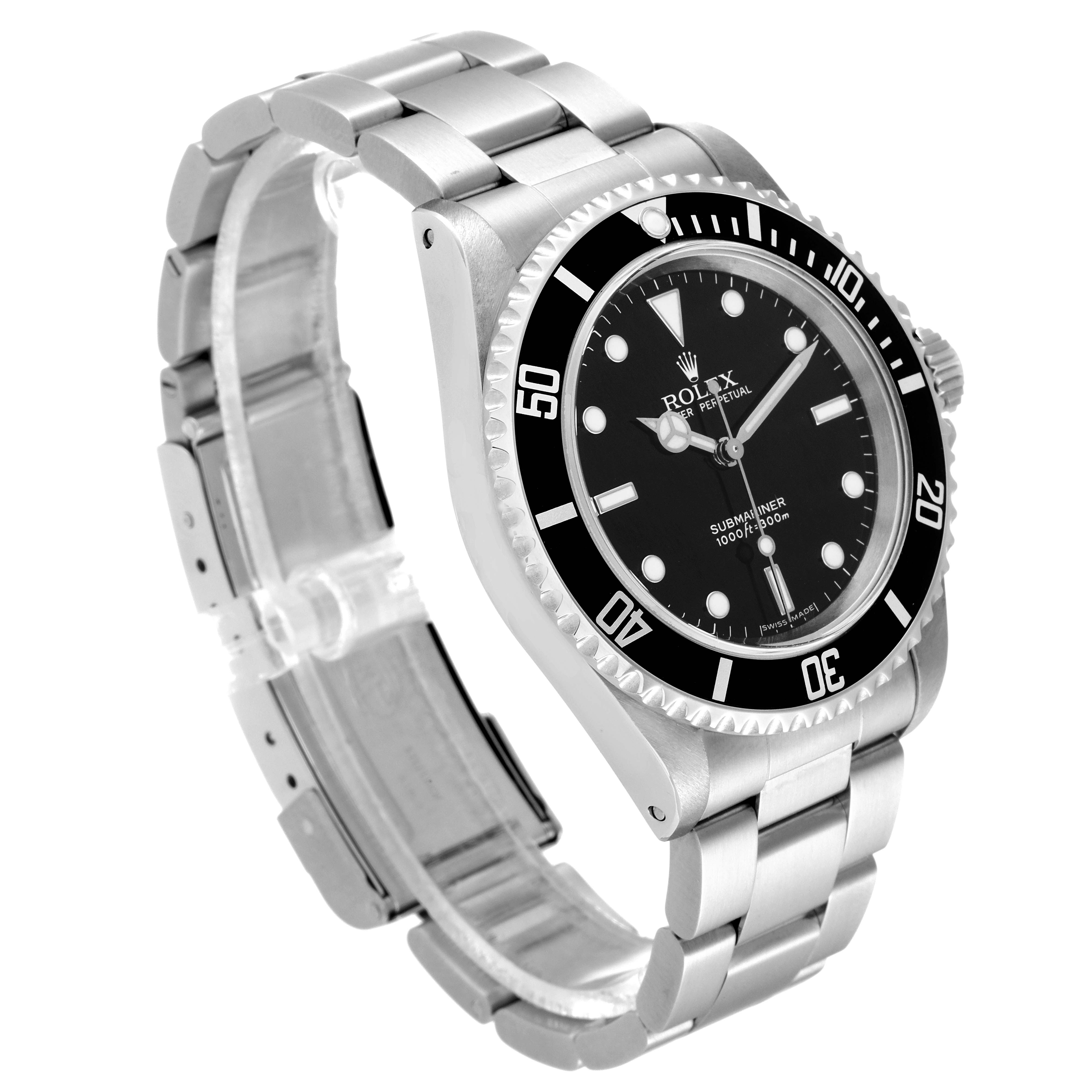 The image shows a Rolex Submariner 14060 Men
s Stainless Steel Black Dial 14060 Men
s Stainless Steel Black Dial watch at a three-quarter angle, highlighting the face, bezel, case, and bracelet.