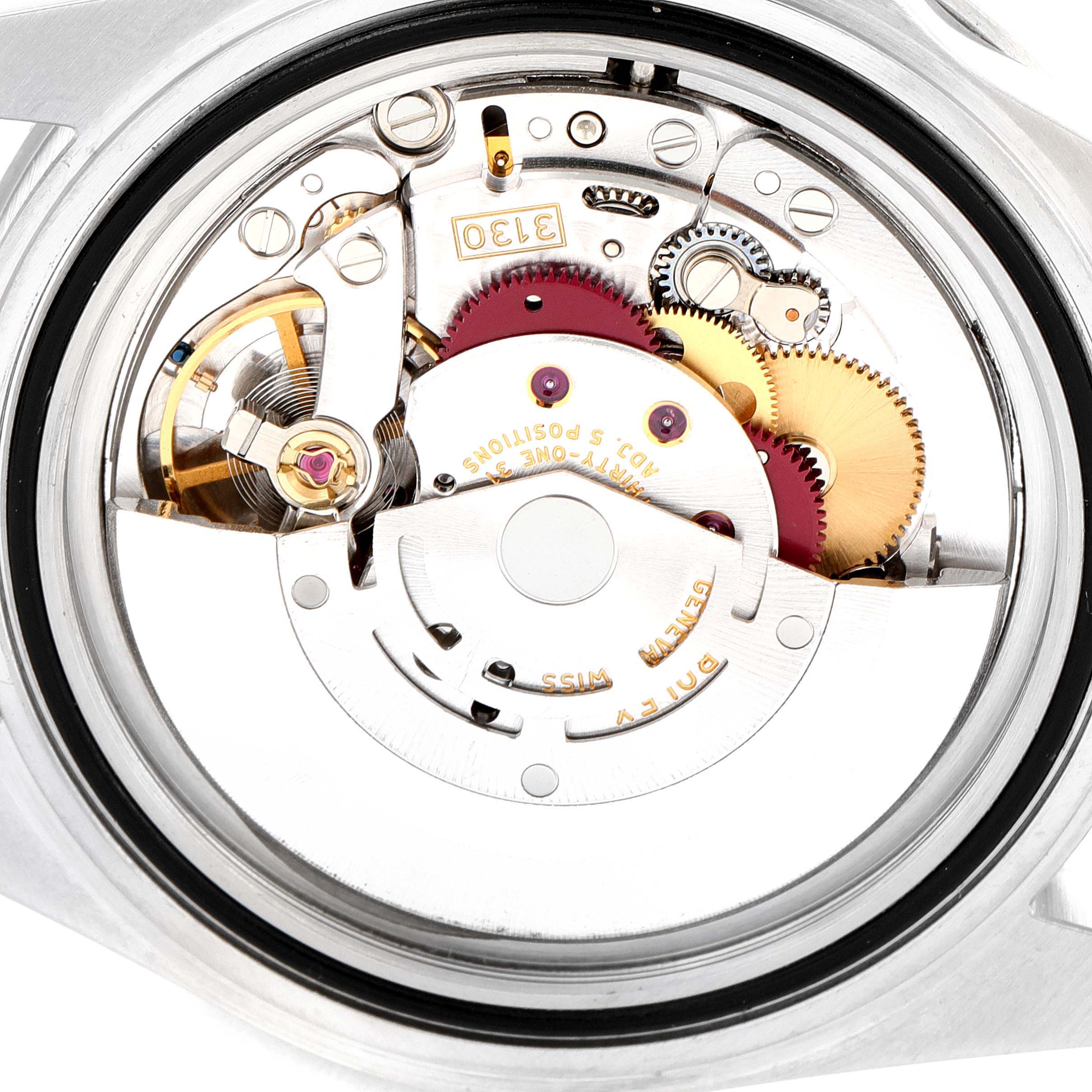 This image shows the intricate mechanism and movement parts of a Rolex Submariner 14060 Men
s Stainless Steel Black Dial 14060 Men
s Stainless Steel Black Dial watch from a rear-view angle.