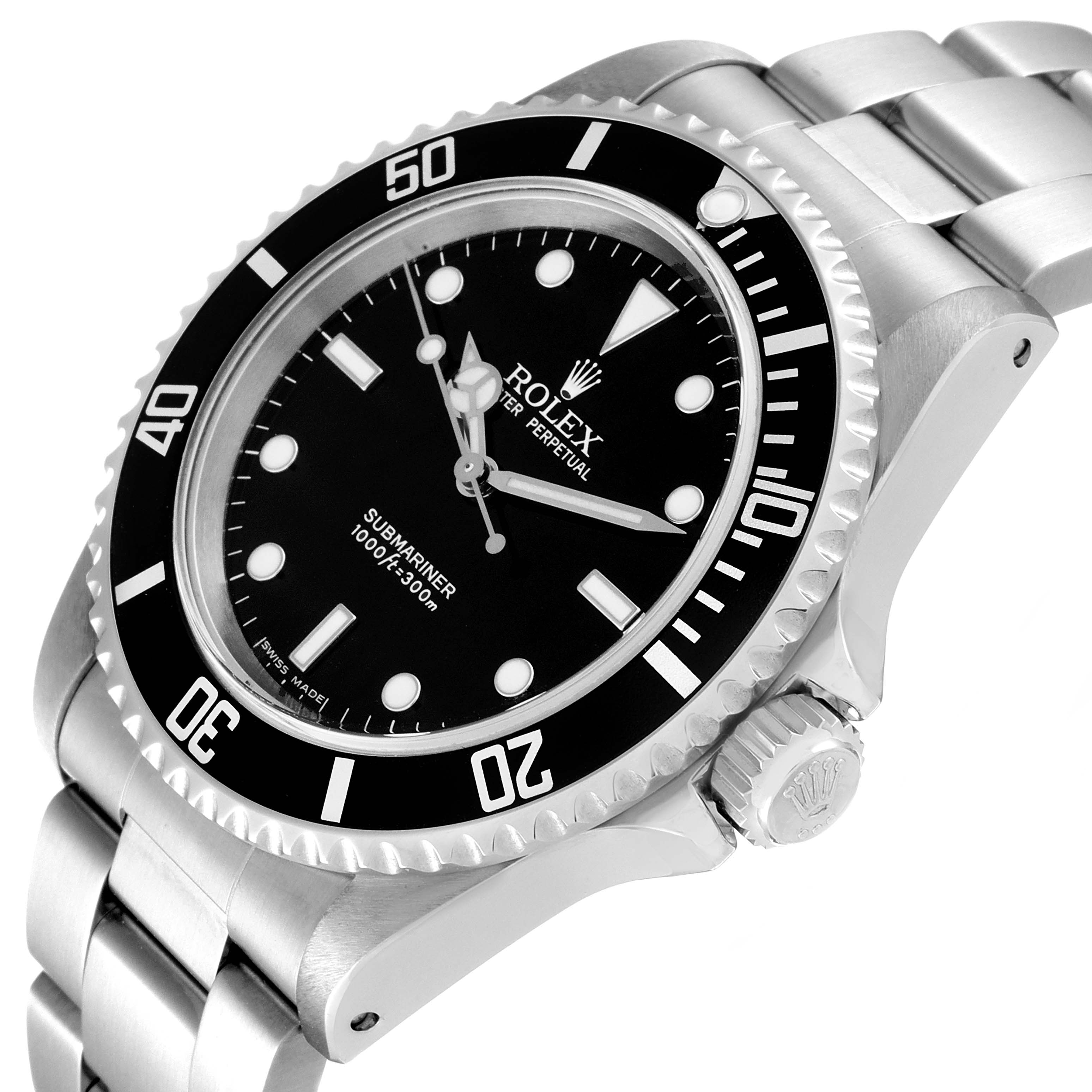 This image shows a Rolex Submariner 14060 Men
s Stainless Steel Black Dial 14060 Men
s Stainless Steel Black Dial watch angled from the front-right, displaying the dial, bezel, and crown.