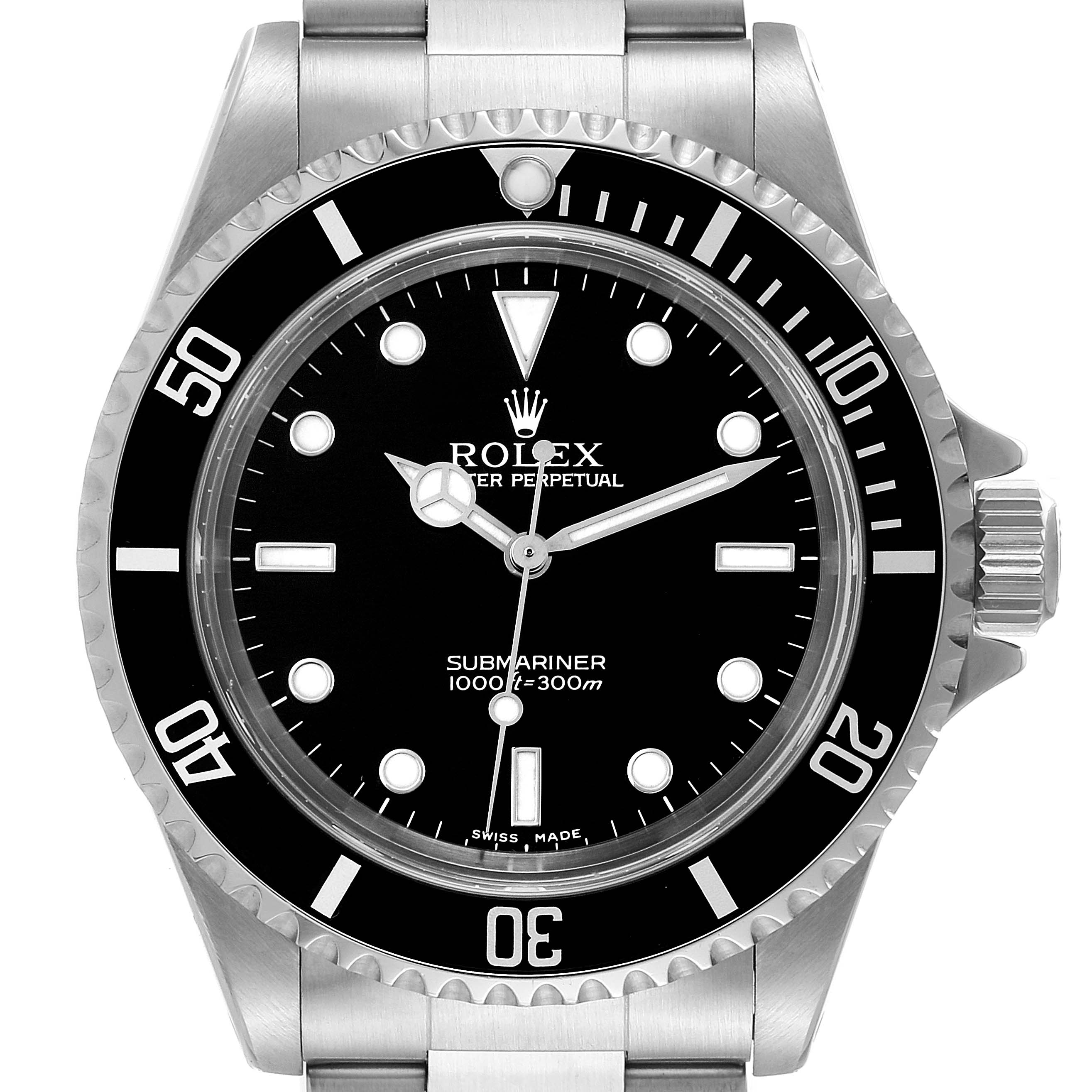 The image shows a front view of the Rolex Submariner 14060 Men
s Stainless Steel Black Dial 14060 Men
s Stainless Steel Black Dial watch, displaying its black dial, bezel, and stainless steel case.