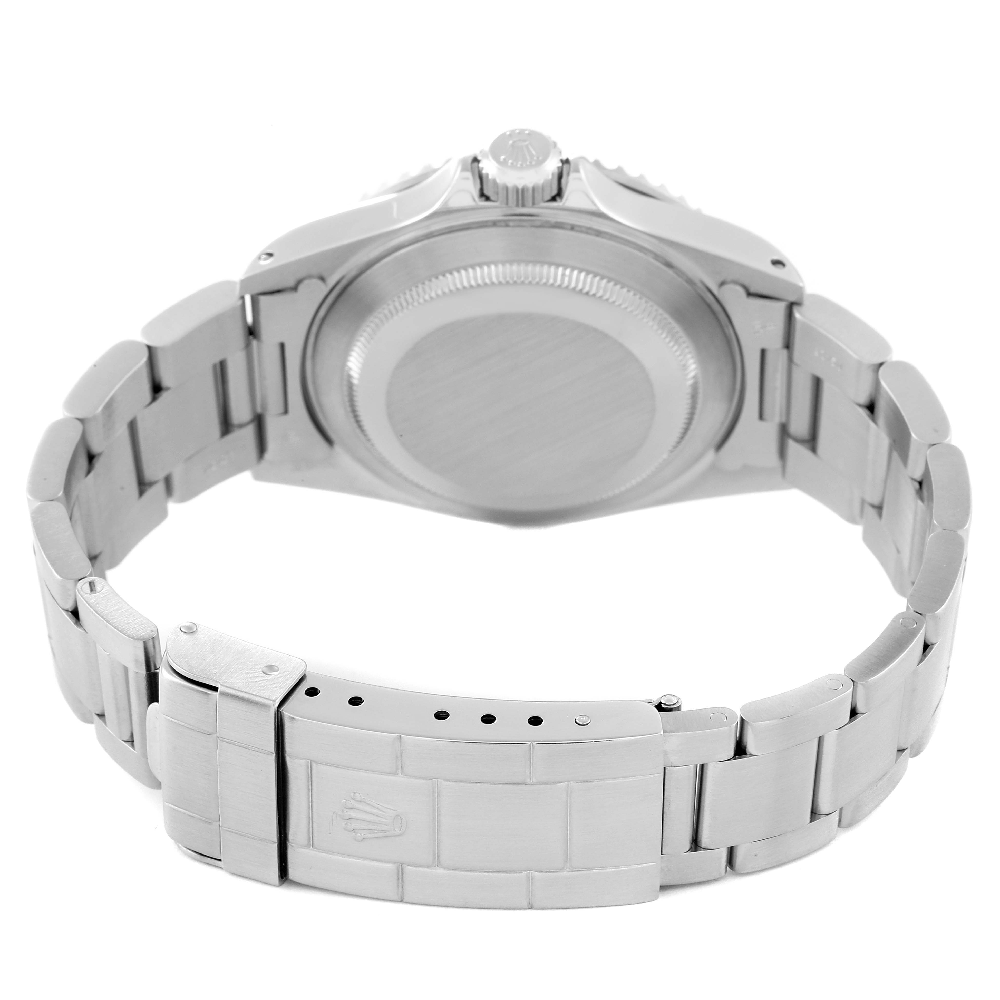 The photo shows the back of the Rolex Submariner 14060 Men
s Stainless Steel Black Dial 14060 Men
s Stainless Steel Black Dial watch, highlighting the case back, bracelet, and clasp from a rear angle.