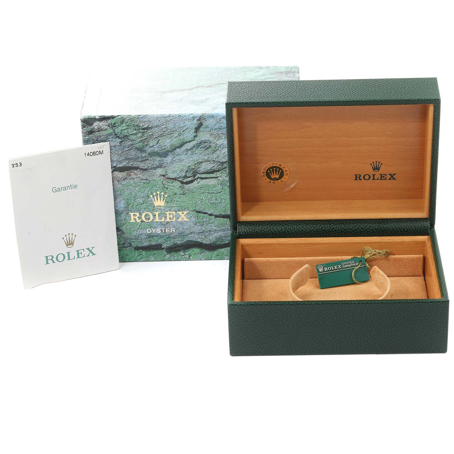 The image shows the packaging, inner box, and warranty booklet of a Rolex Submariner 14060 Men
s Stainless Steel Black Dial 14060 Men
s Stainless Steel Black Dial watch with no visible watch.