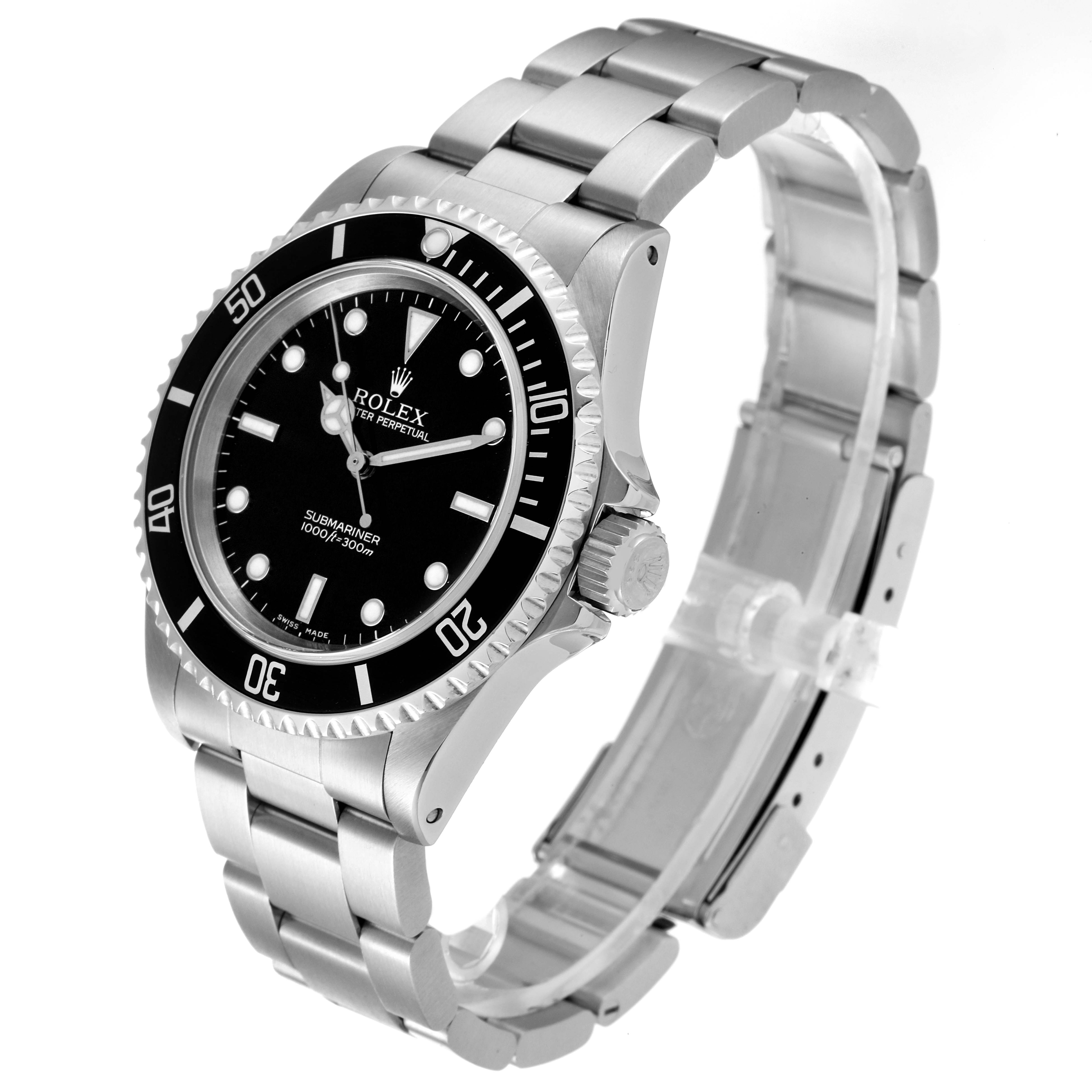 The image shows a Rolex Submariner 14060 Men
s Stainless Steel Black Dial 14060 Men
s Stainless Steel Black Dial watch at an angle, highlighting the face, bezel, crown, and bracelet.