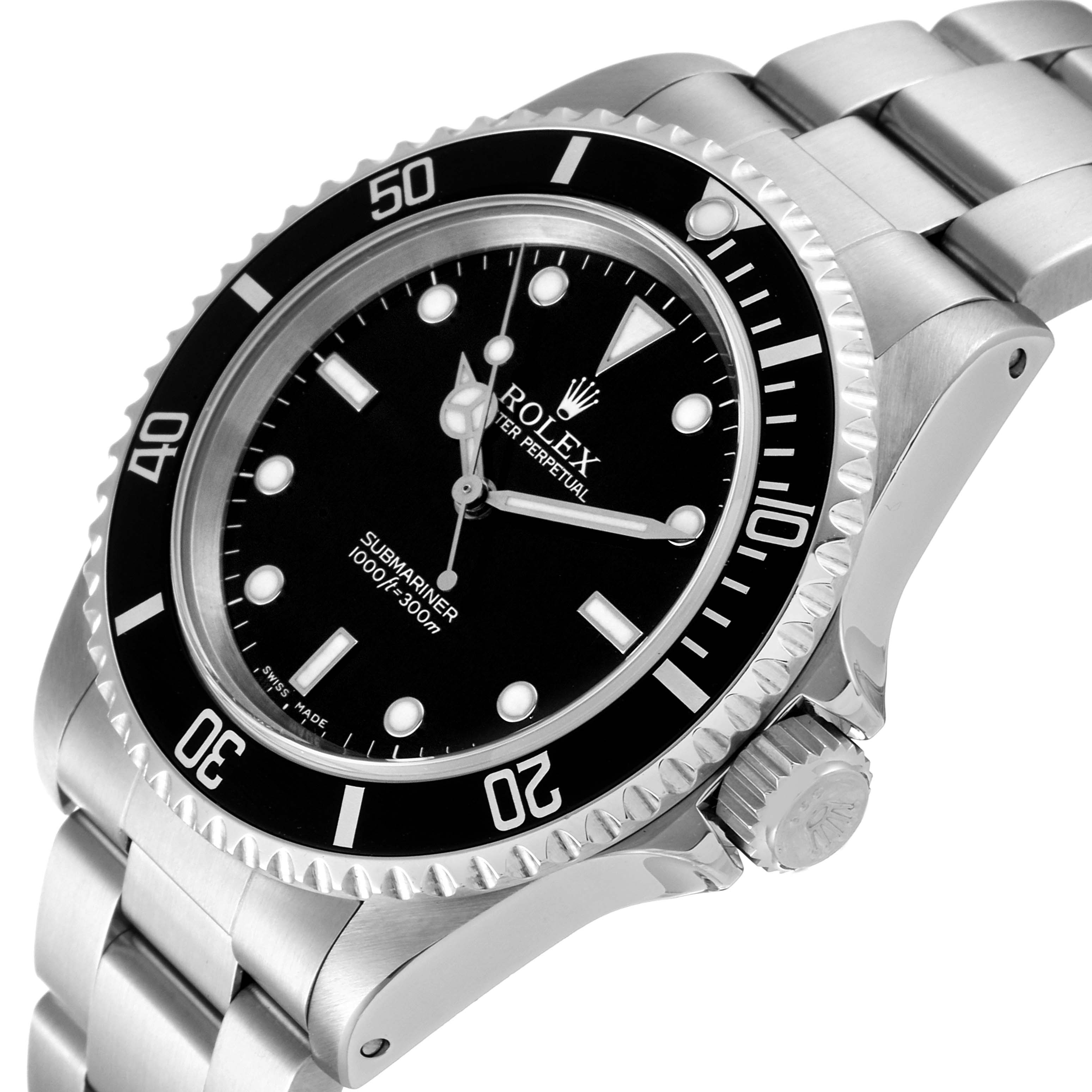 The image shows a close-up side angle of a Rolex Submariner 14060 Men
s Stainless Steel Black Dial 14060 Men
s Stainless Steel Black Dial watch, highlighting its dial, bezel, and bracelet.