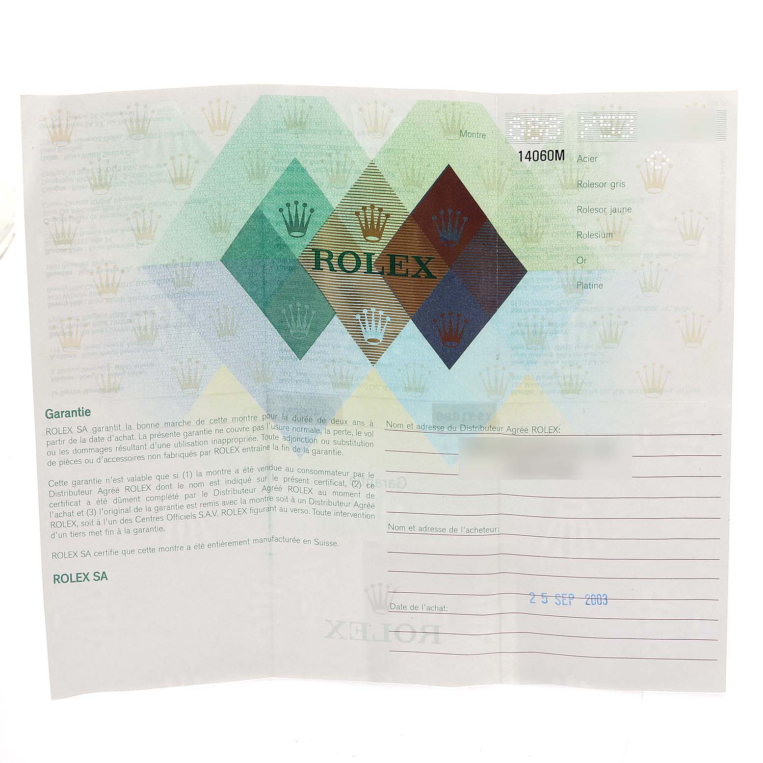 This image displays the warranty certificate of the Rolex Submariner 14060 Men
s Stainless Steel Black Dial 14060 Men
s Stainless Steel Black Dial watch.