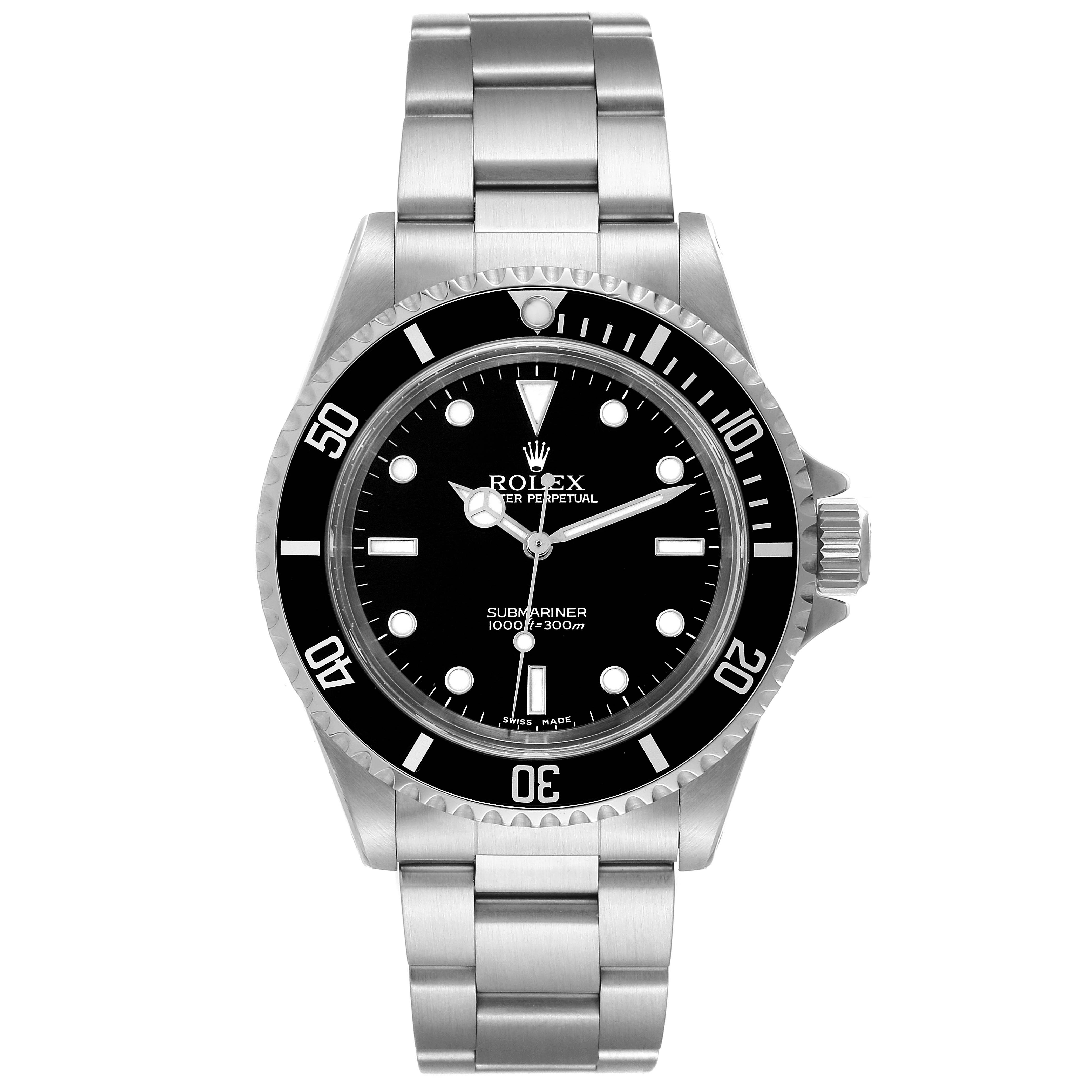 The image shows a front view of a Rolex Submariner 14060 Men
s Stainless Steel Black Dial 14060 Men
s Stainless Steel Black Dial watch, featuring its black dial, bezel, and stainless steel bracelet.