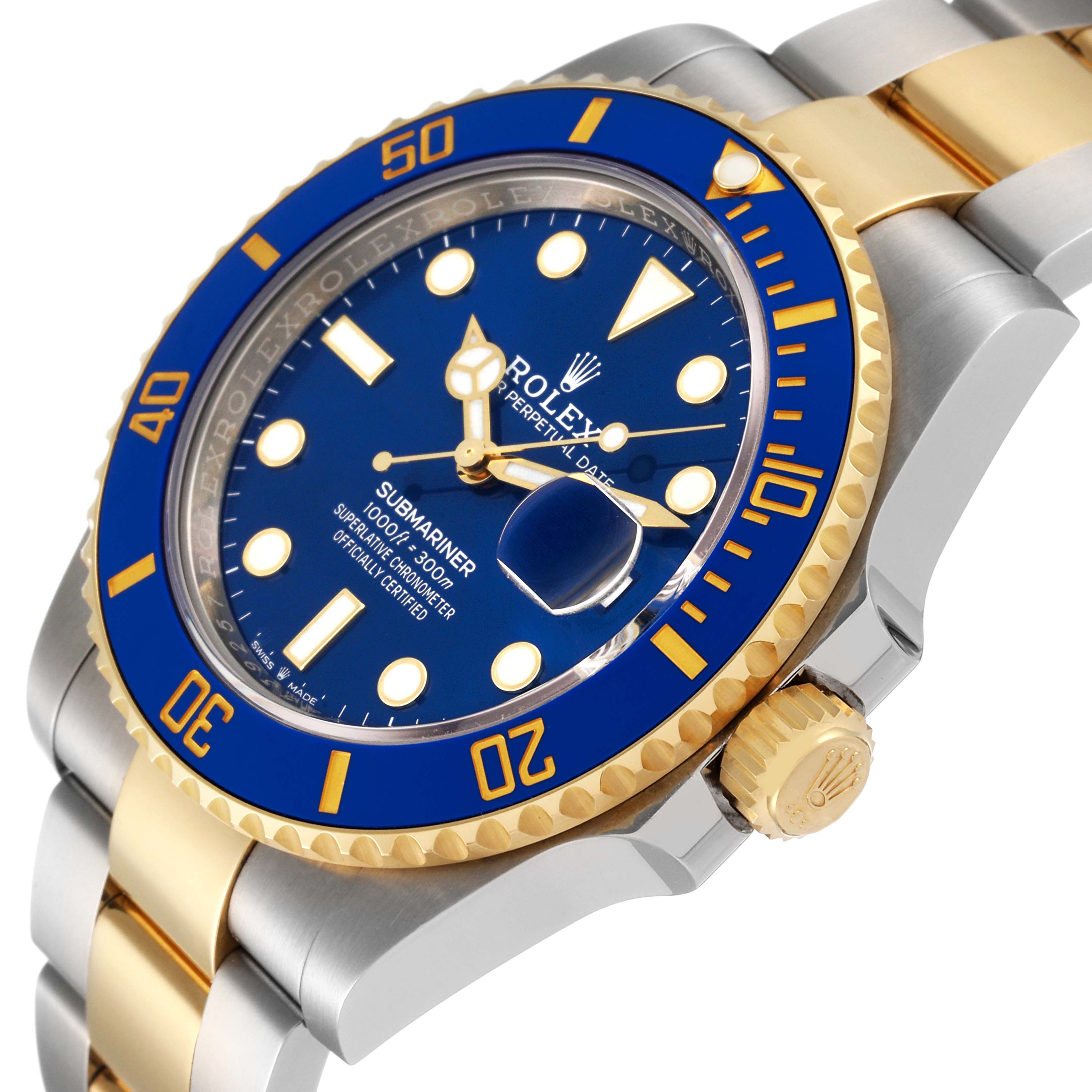 This image shows the Rolex Submariner 126613 Men's Steel and Gold (two tone) Blue Dial 126613 Men's Steel and Gold (two tone) Blue Dial watch at an angled close-up, highlighting the blue dial, gold accents, bezel, and bracelet.