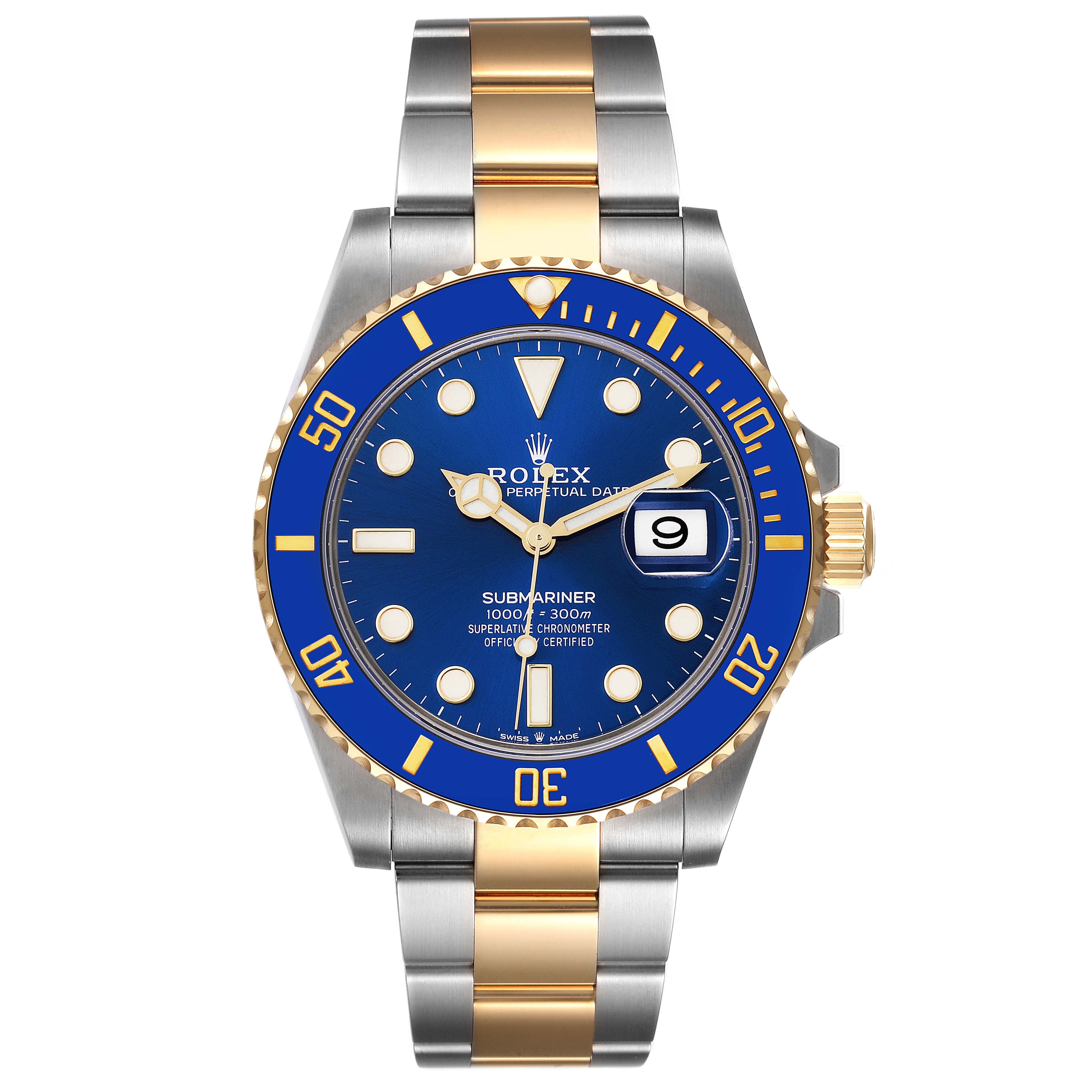 The Rolex Submariner 126613 Men's Steel and Gold (two tone) Blue Dial 126613 Men's Steel and Gold (two tone) Blue Dial watch is shown from the front, displaying its face, bezel, dial, and bracelet.