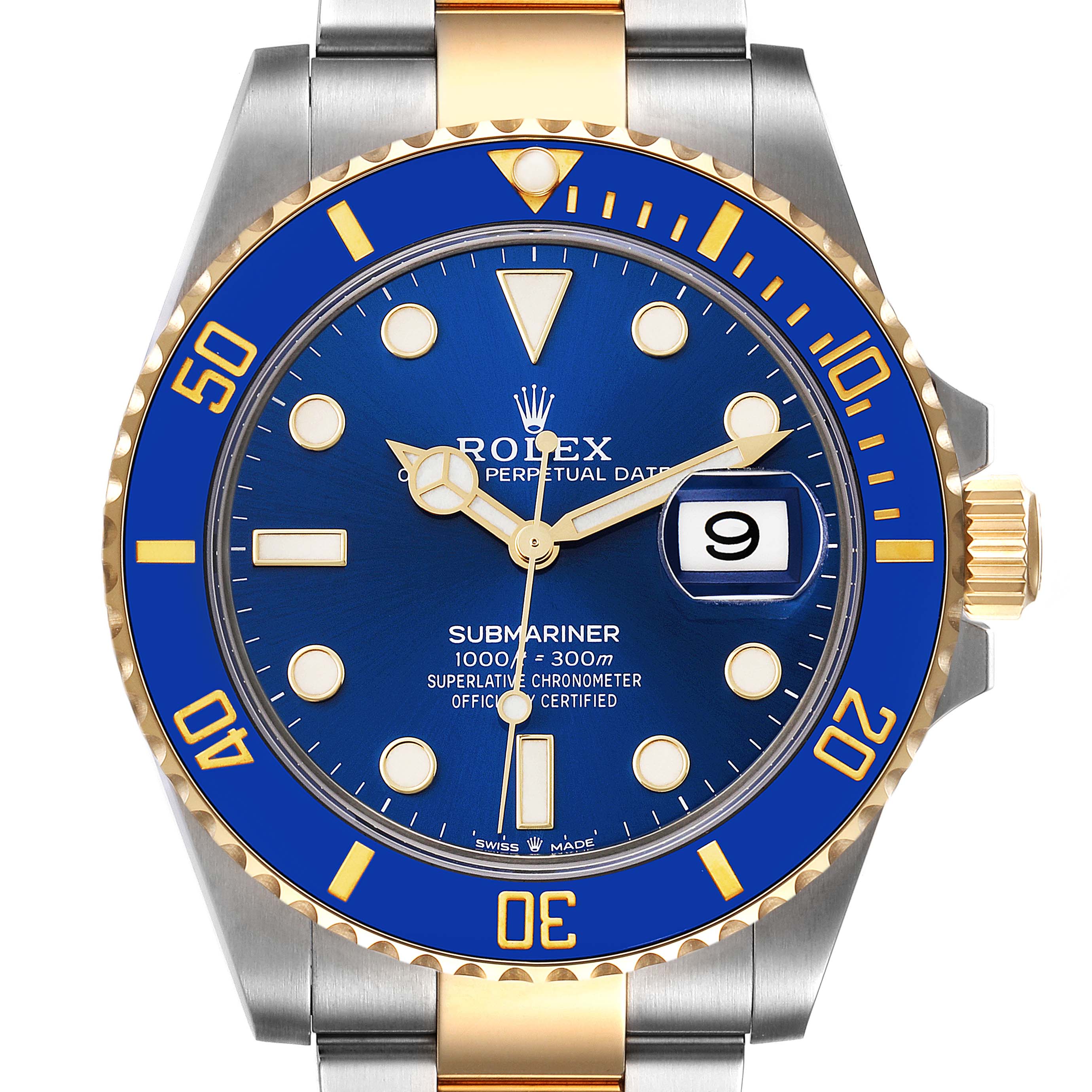 The Rolex Submariner 126613 Men's Steel and Gold (two tone) Blue Dial 126613 Men's Steel and Gold (two tone) Blue Dial watch is shown from the front angle, displaying the dial, bezel, crown, and part of the bracelet.