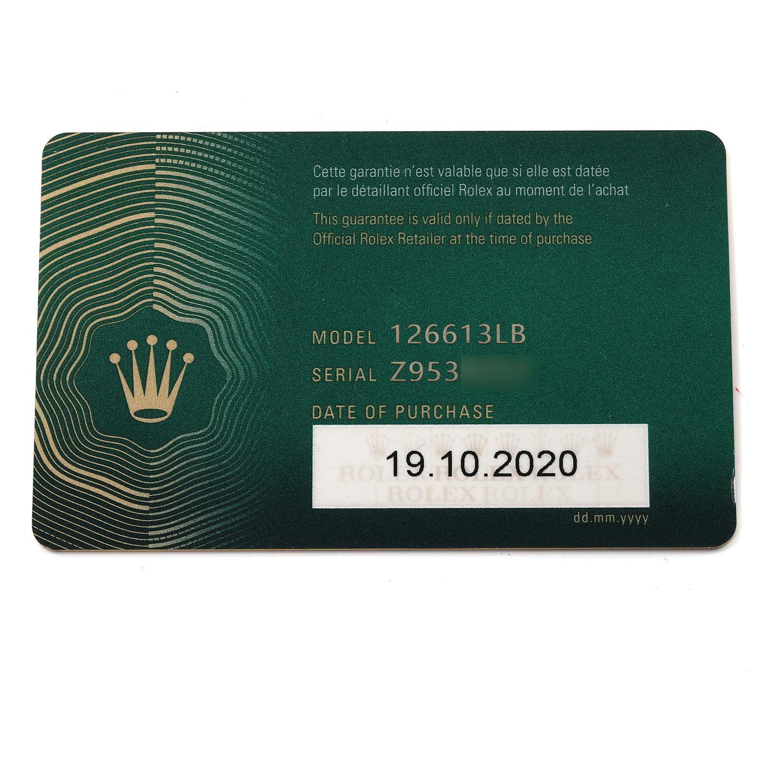 The image shows a warranty card for the Rolex Submariner 126613 Men's Steel and Gold (two tone) Blue Dial 126613 Men's Steel and Gold (two tone) Blue Dial model 126613LB, dated 19.10.2020.