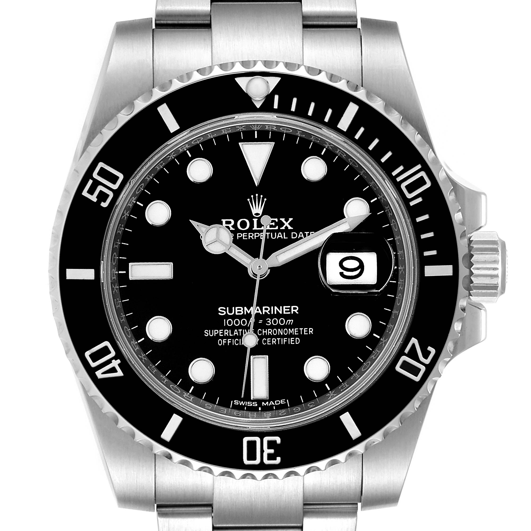 This image shows a head-on view of a Rolex Submariner 116610 Men
s Stainless Steel Black Dial 116610 Men
s Stainless Steel Black Dial watch, highlighting its black dial, bezel, and stainless steel bracelet.