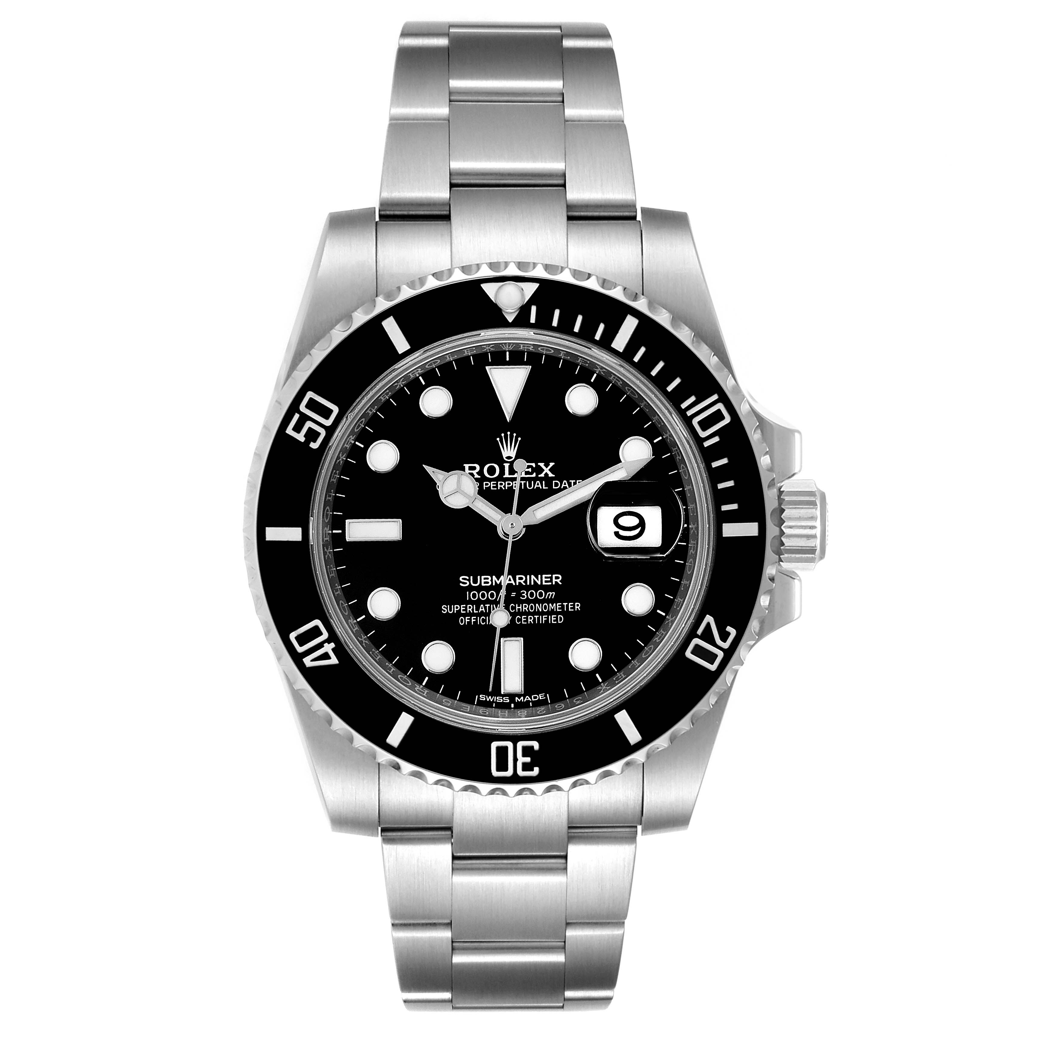 The image shows a Rolex Submariner 116610 Men
s Stainless Steel Black Dial 116610 Men
s Stainless Steel Black Dial watch from a top-down angle, featuring its dial, bezel, crown, and stainless steel bracelet.