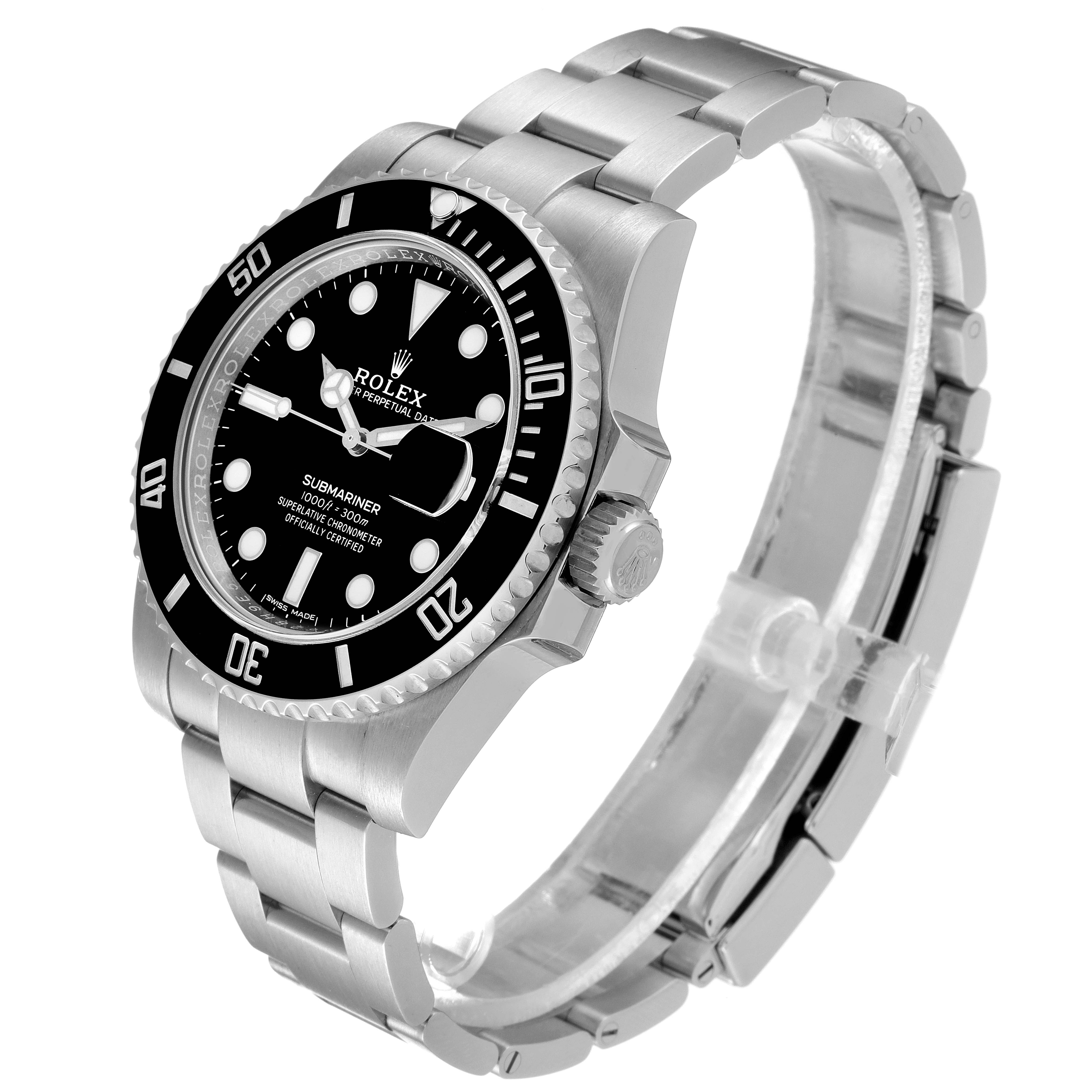 The image shows a Rolex Submariner 116610 Men
s Stainless Steel Black Dial 116610 Men
s Stainless Steel Black Dial watch from a side angle, displaying the face, bezel, crown, and bracelet.