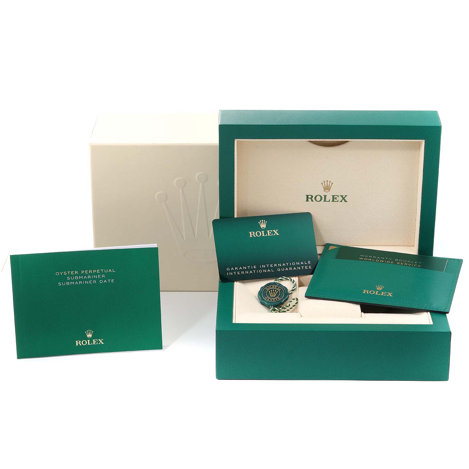The image shows the packaging, manuals, and accessories for the Rolex Submariner 116610 Men
s Stainless Steel Black Dial 116610 Men
s Stainless Steel Black Dial model watch.