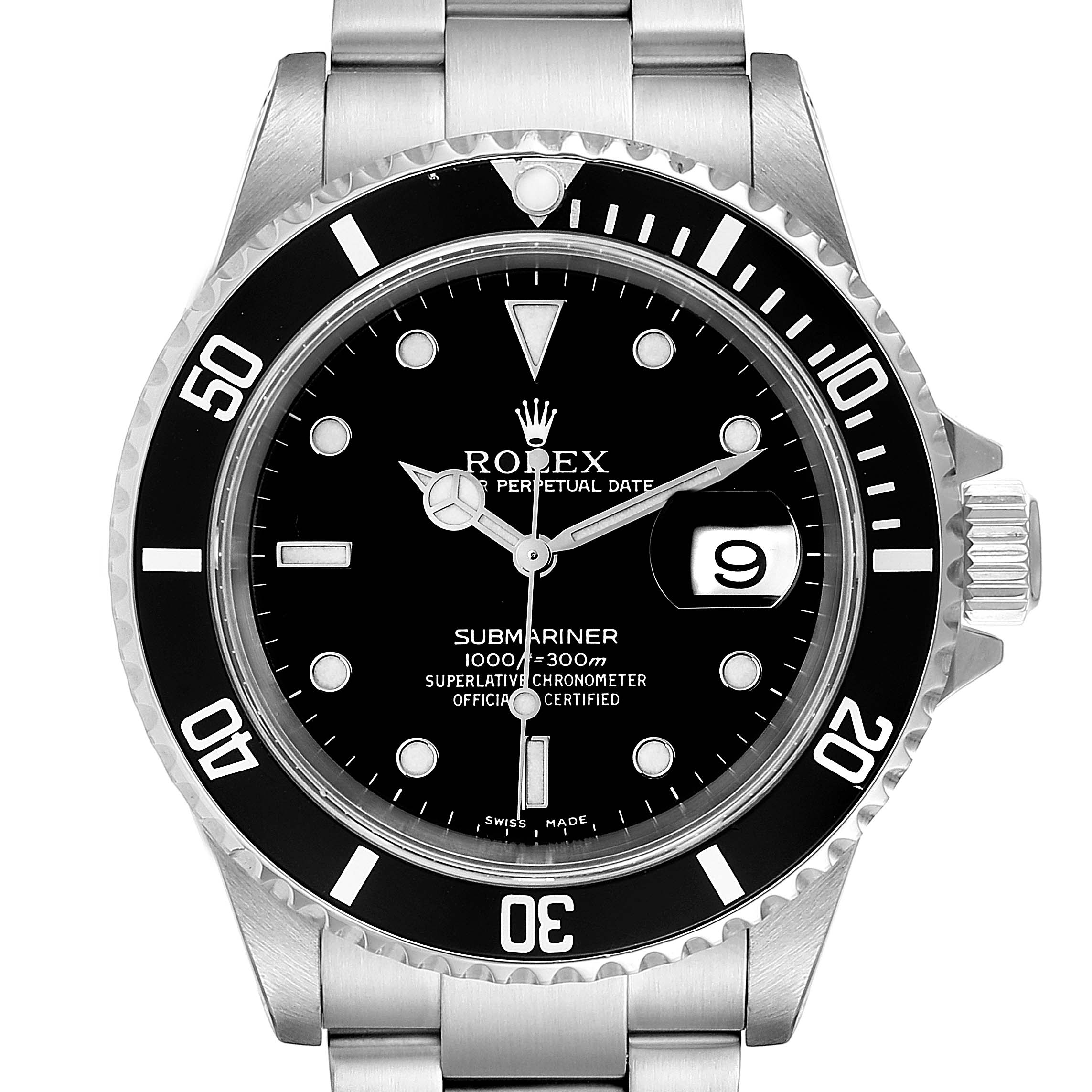 The image shows a front view of the Rolex Submariner 16610 Men
s Stainless Steel Black Dial 16610 Men
s Stainless Steel Black Dial watch, displaying the bezel, dial, hands, and part of the bracelet.