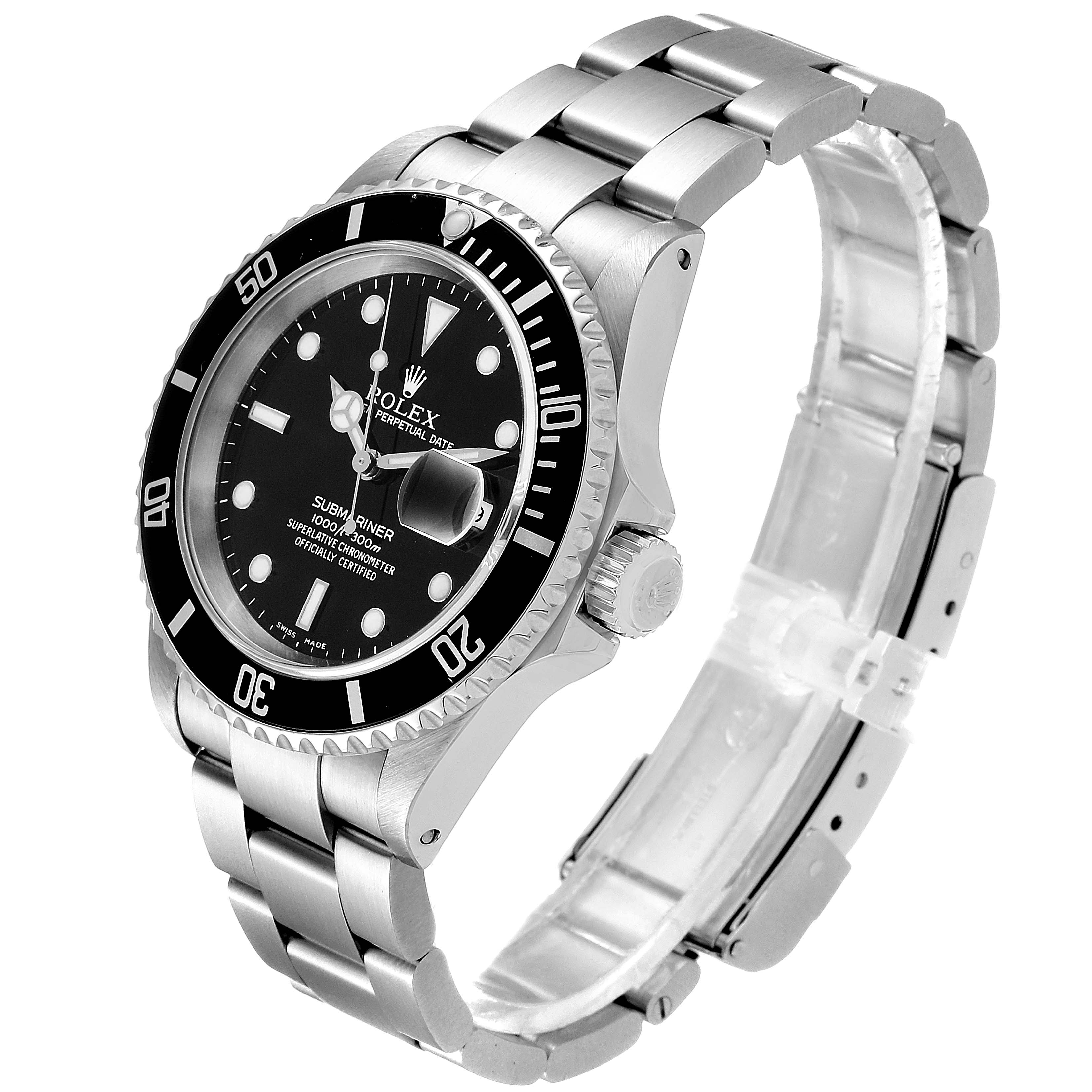The image shows a side angle view of a Rolex Submariner 16610 Men
s Stainless Steel Black Dial 16610 Men
s Stainless Steel Black Dial watch, featuring its black dial, bezel, and stainless steel bracelet.