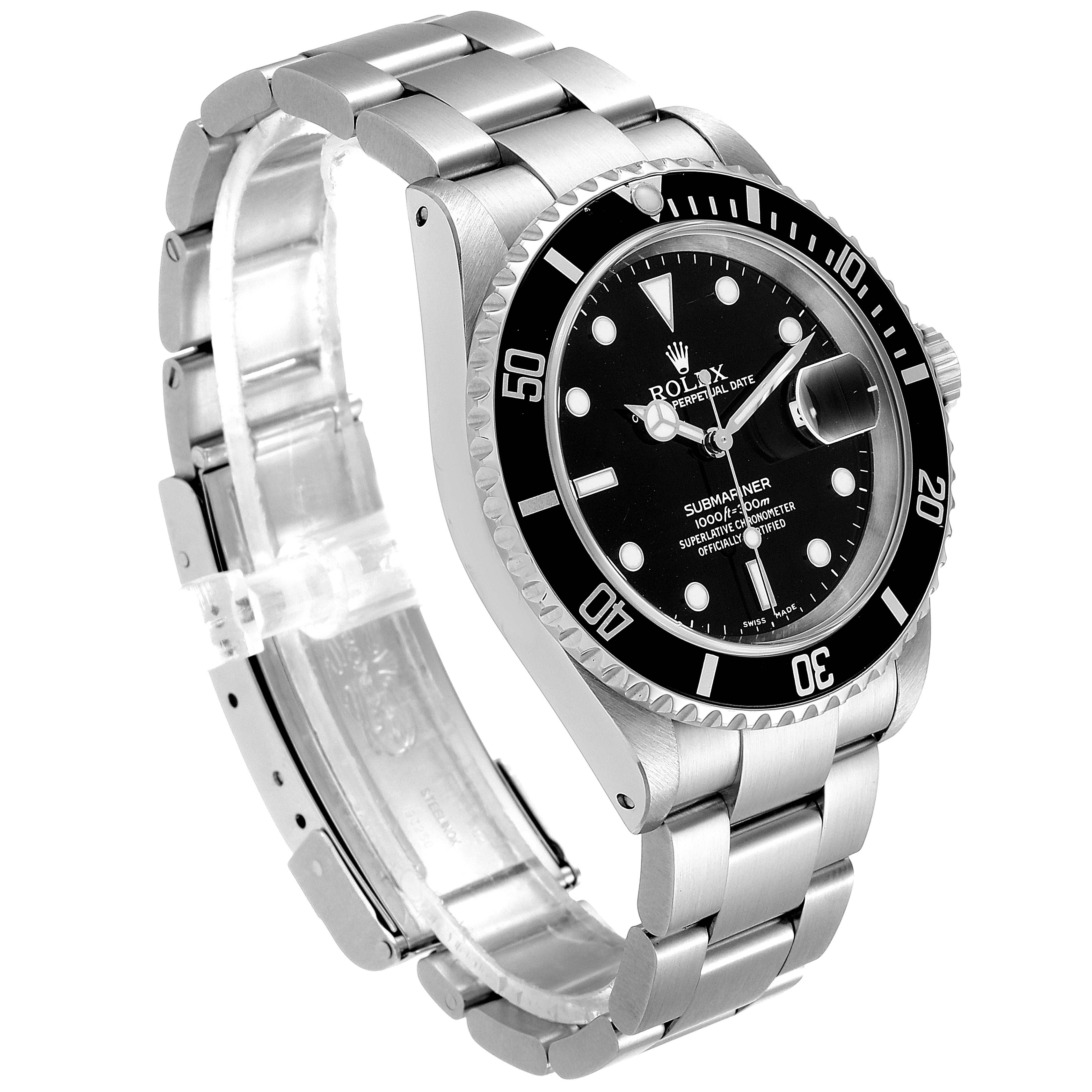 The image shows a Rolex Submariner 16610 Men
s Stainless Steel Black Dial 16610 Men
s Stainless Steel Black Dial watch at an angled side view, displaying its black dial, bezel, and stainless steel bracelet.