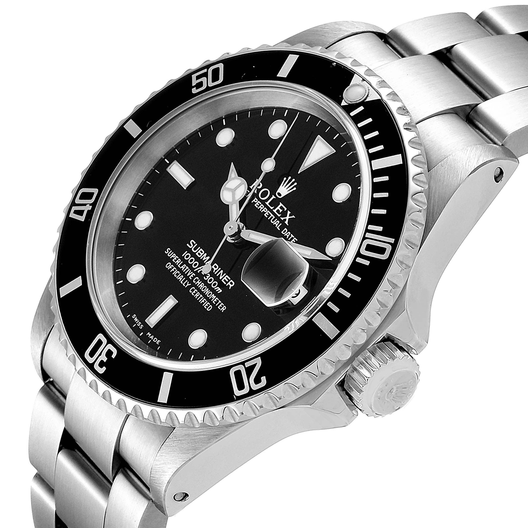 The image shows a Rolex Submariner 16610 Men
s Stainless Steel Black Dial 16610 Men
s Stainless Steel Black Dial watch at an angled close-up perspective, highlighting the dial, bezel, crown, and bracelet.
