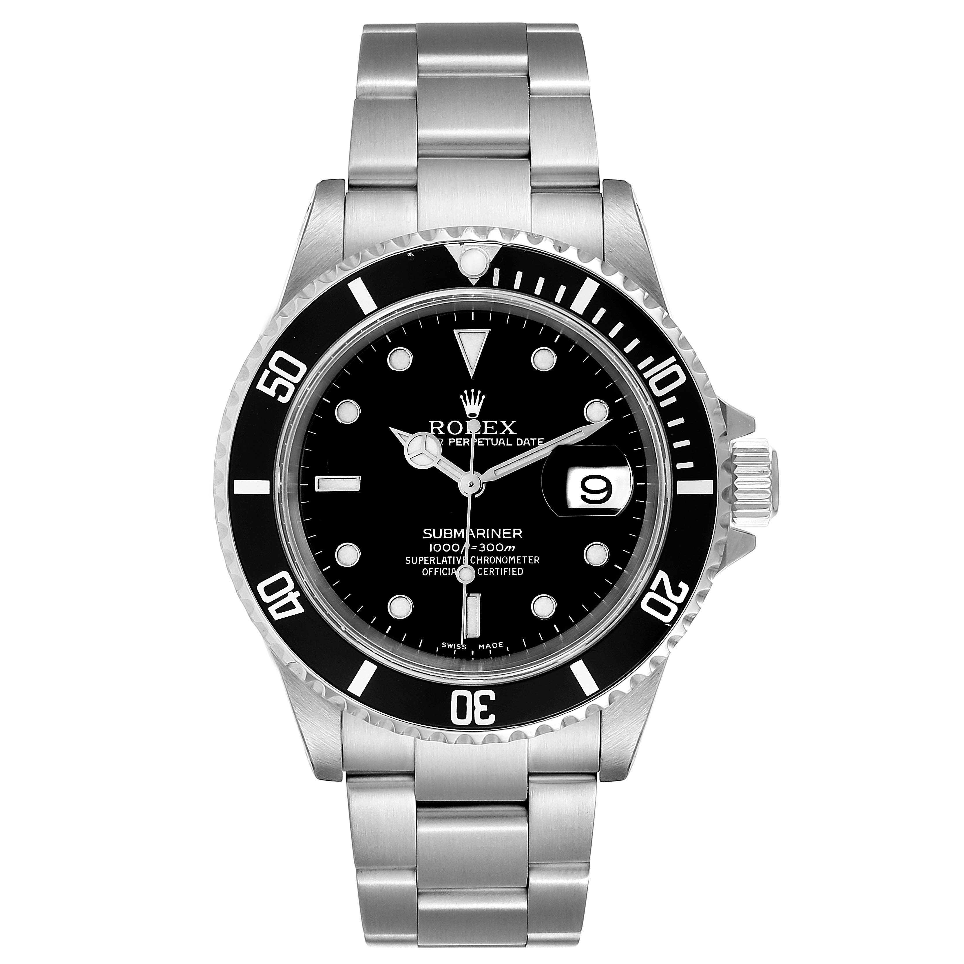 This Rolex Submariner 16610 Men
s Stainless Steel Black Dial 16610 Men
s Stainless Steel Black Dial watch is shown from a front view, displaying its bracelet, bezel, dial, and crown.