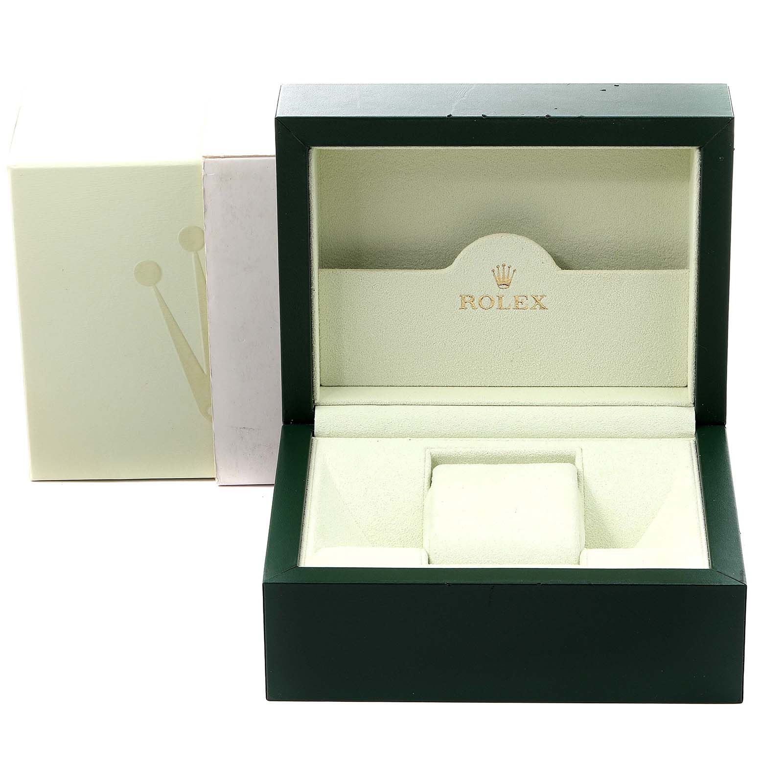 The image shows an open green Rolex Submariner 16610 Men
s Stainless Steel Black Dial 16610 Men
s Stainless Steel Black Dial watch box with its inner cushion and cover visible.