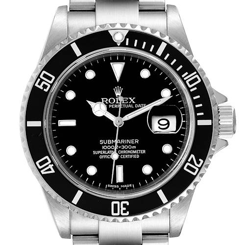 The image shows a front view of the Rolex Submariner watch, displaying the face, bezel, and part of the bracelet.