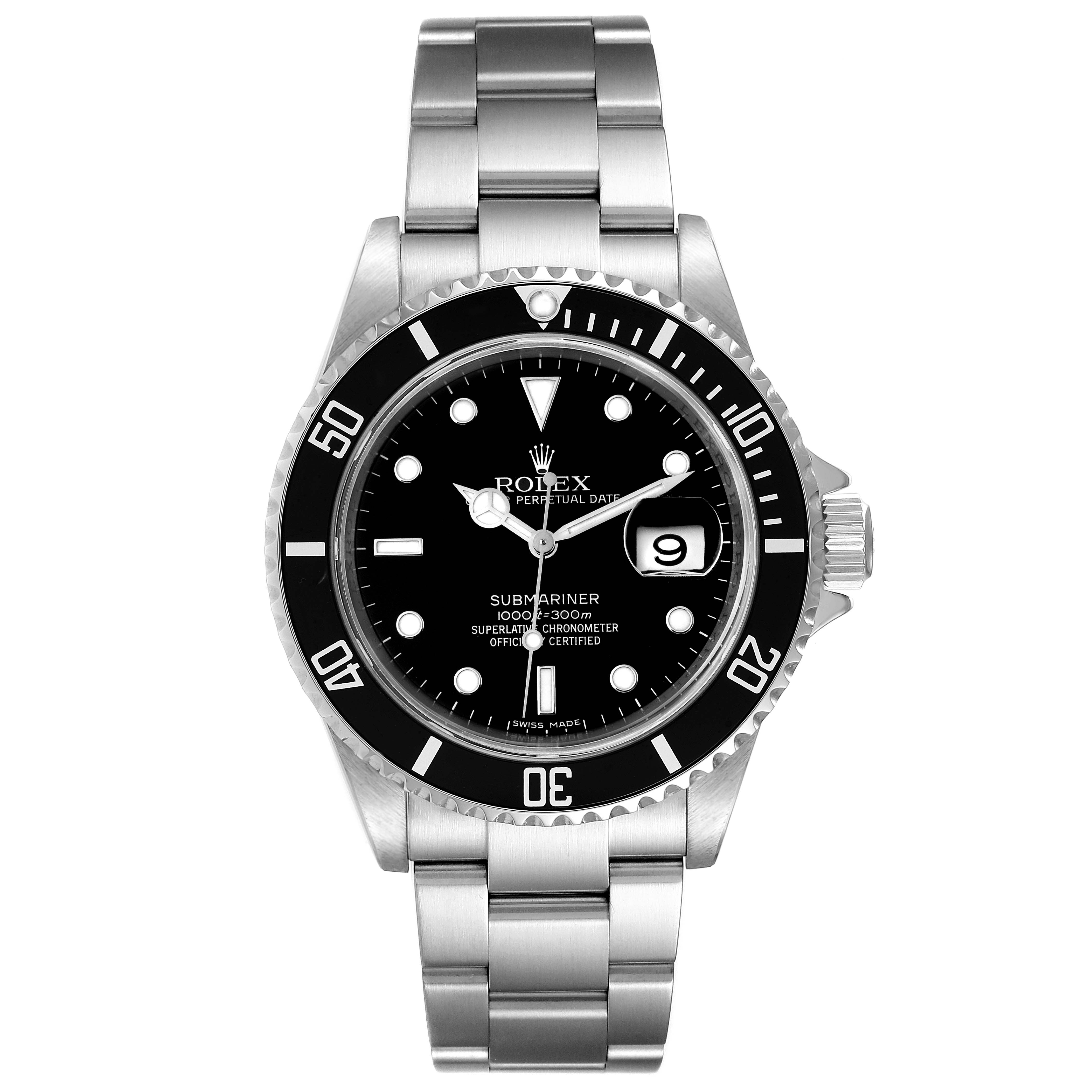 The image shows a front view of a Rolex Submariner 16610 Men
s Stainless Steel Black Dial 16610 Men
s Stainless Steel Black Dial watch, highlighting the dial, bezel, bracelet, and date window.