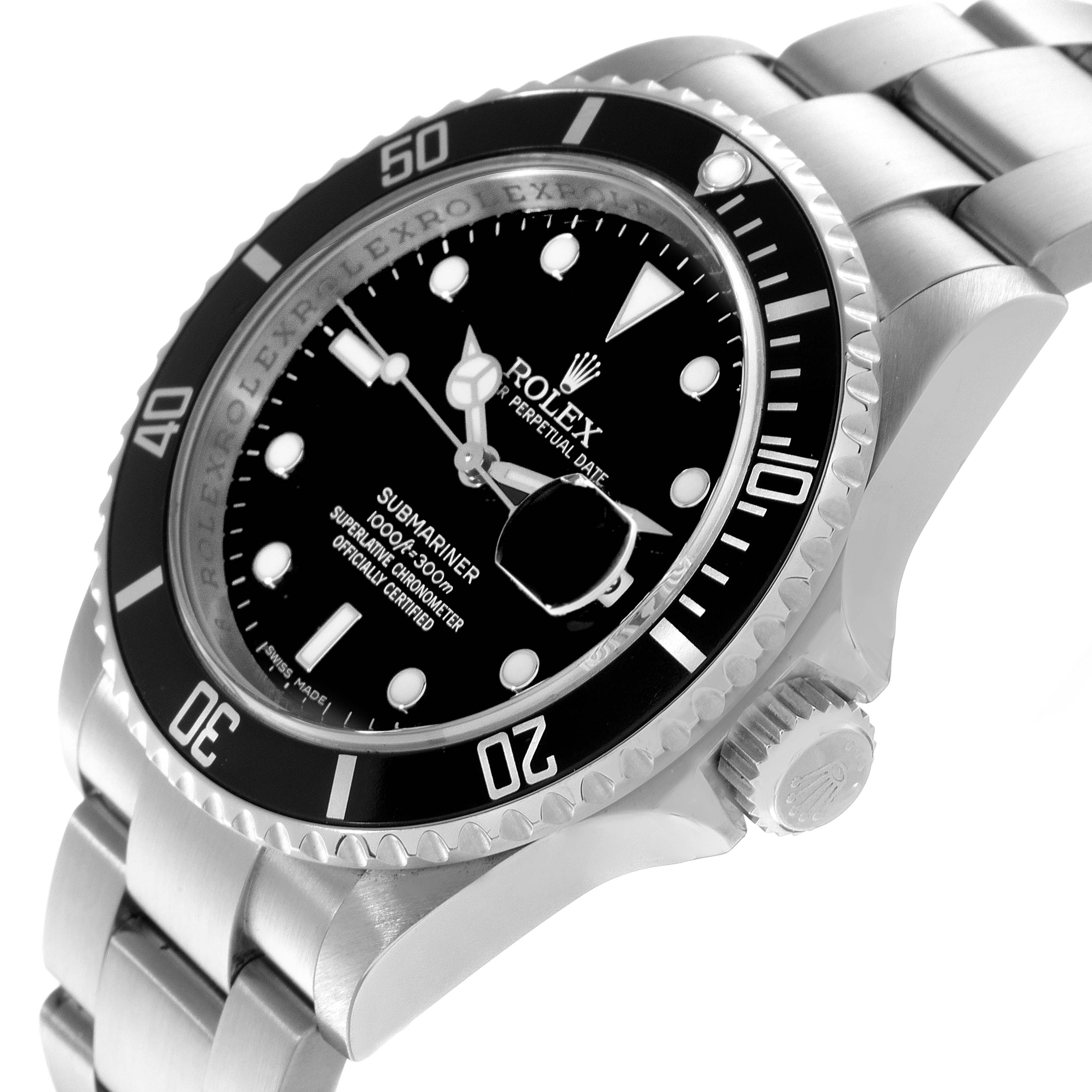 The image shows a Rolex Submariner 16610 Men
s Stainless Steel Black Dial 16610 Men
s Stainless Steel Black Dial watch at a slight angle highlighting the bezel, dial, and part of the bracelet.